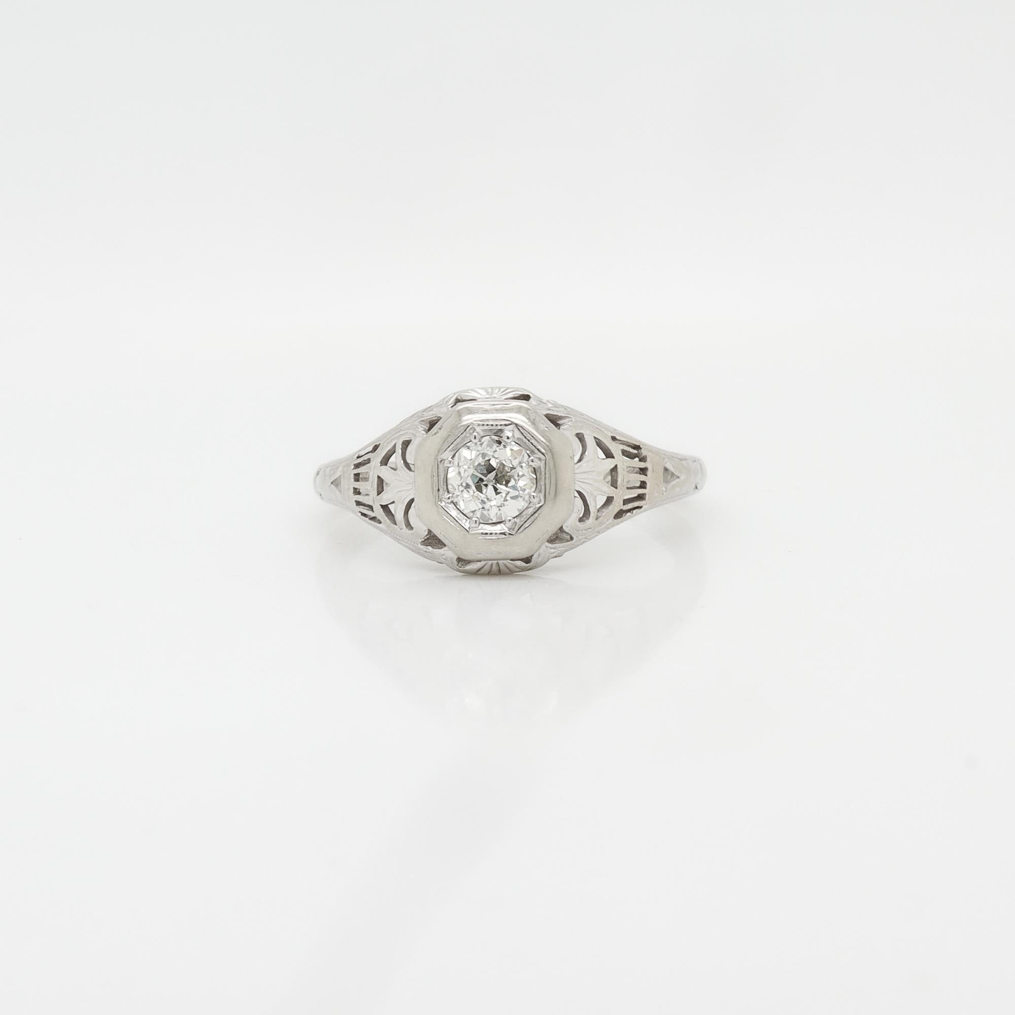 Bague de fiançailles Art Déco Traub Orange Blossom en or blanc et diamants, signée en vente 7