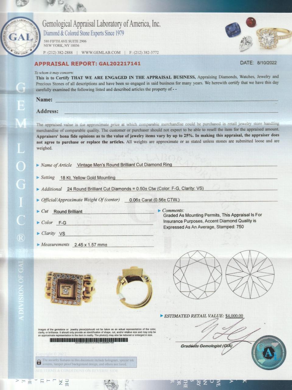 Signed Designer 18 Karat Gold & Diamond Signet Style Ring 6