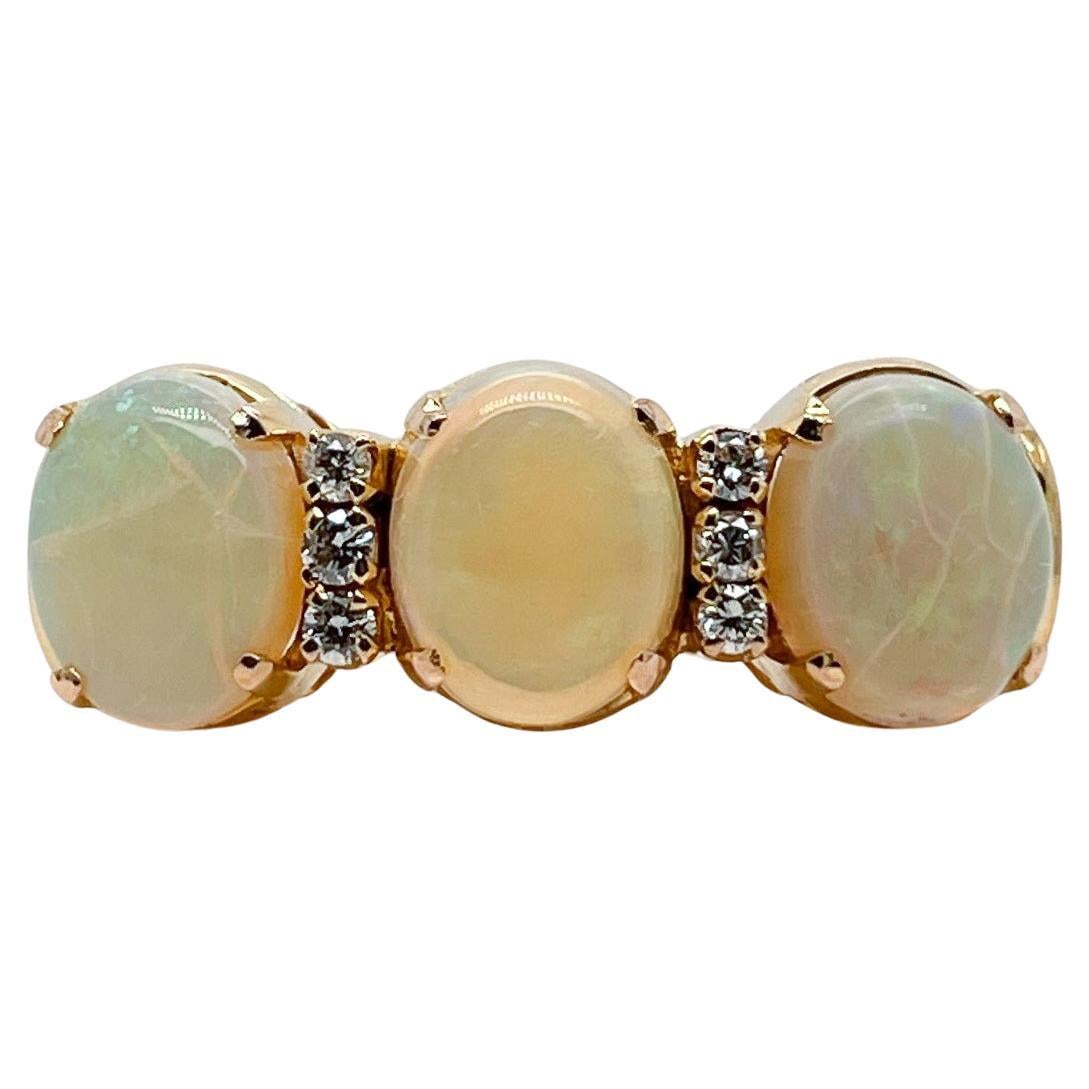 Retro 18 Karat Yellow Gold Opal and Diamond Three-Stone Cocktail Ring For Sale