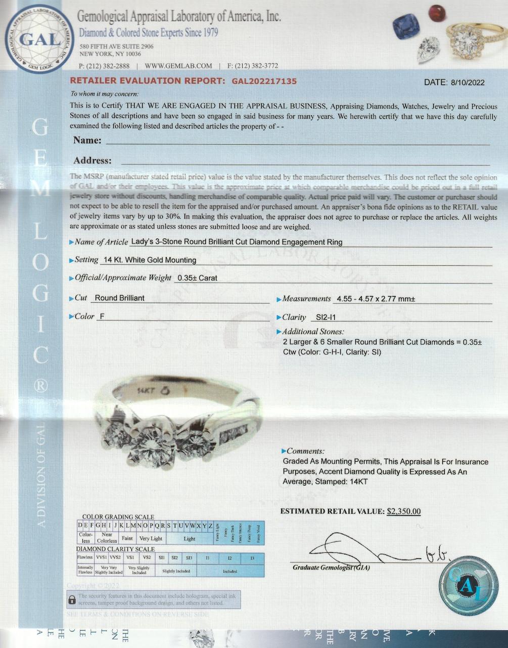 Signed 14 Karat White Gold & Diamond 3-Stone Engagement Ring For Sale 14