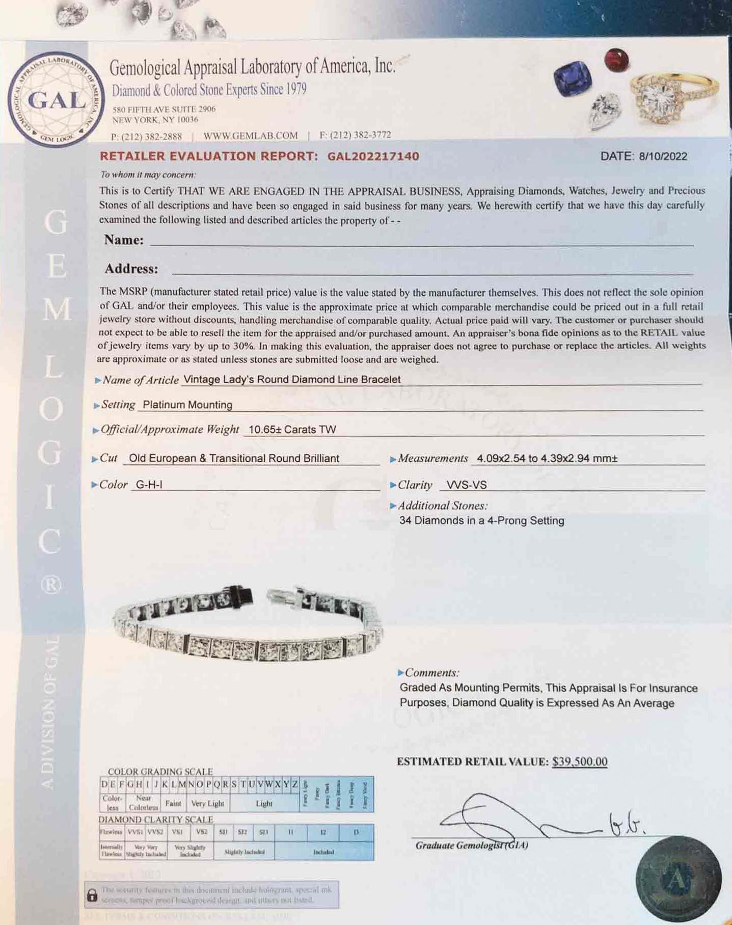 Antikes Art-déco-Tennisarmband aus Platin mit 10,65 Karat Diamanten  im Angebot 11