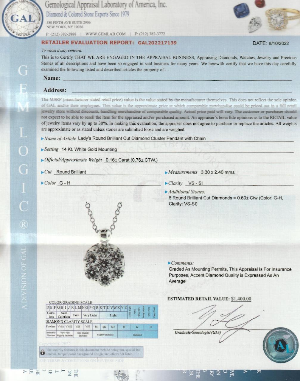 Signed Diamond & 14 Karat White Gold Pendant Necklace For Sale 11