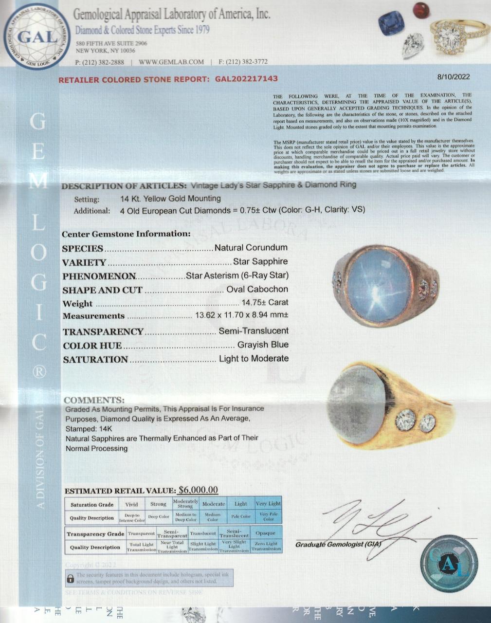 Retro 14 Karat Gold, Diamond, & 14.75 ct. Star Sapphire Cabochon Gypsy Ring For Sale 11