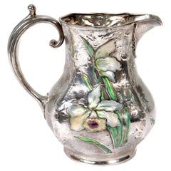 Used Art Nouveau Gorham Sterling Silver Pitcher or Ewer with Enamel Flowers
