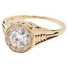 Bague de fiançailles édouardienne ancienne en or 14 carats et diamant solitaire de taille vieille Europe