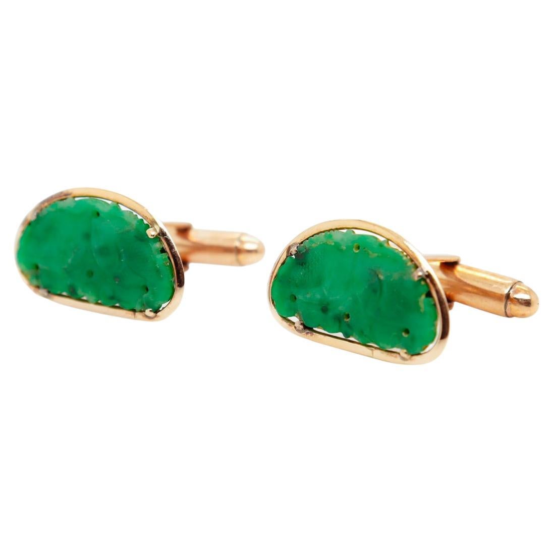 Old or Antique Chinese 14k Gold & Jade Cufflinks For Sale