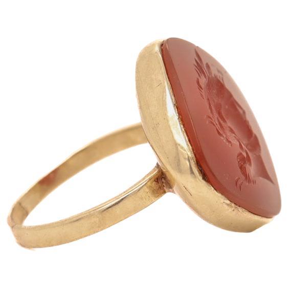 Antique Gold & Carved Carnelian Intaglio Signet Ring with an Ancient Roman Hero