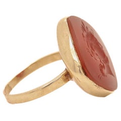 Vintage Gold & Carved Carnelian Intaglio Signet Ring with an Ancient Roman Hero