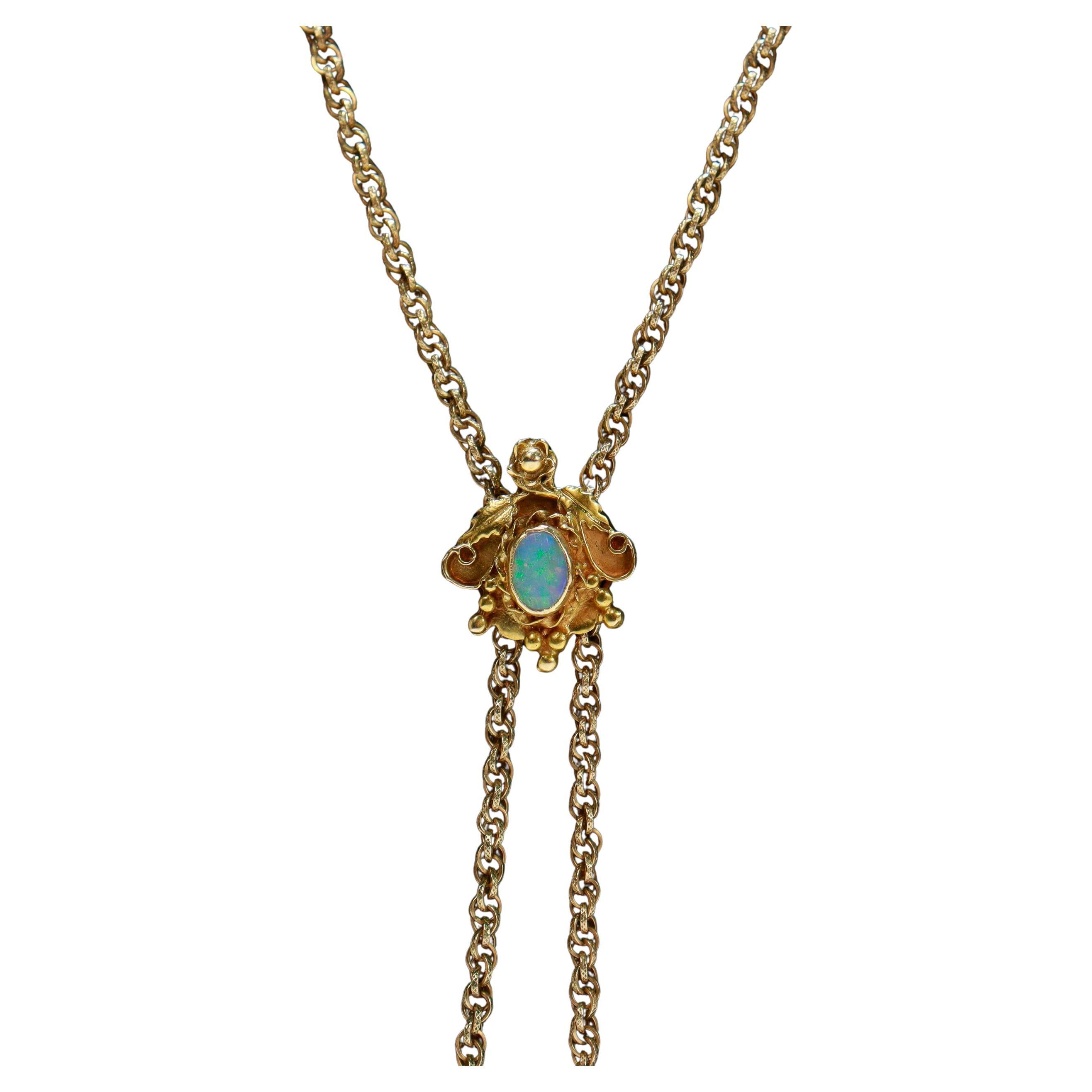 Antique Gold-Filled Longuard Chain Necklace with a 14k Opal Cabochon Slide