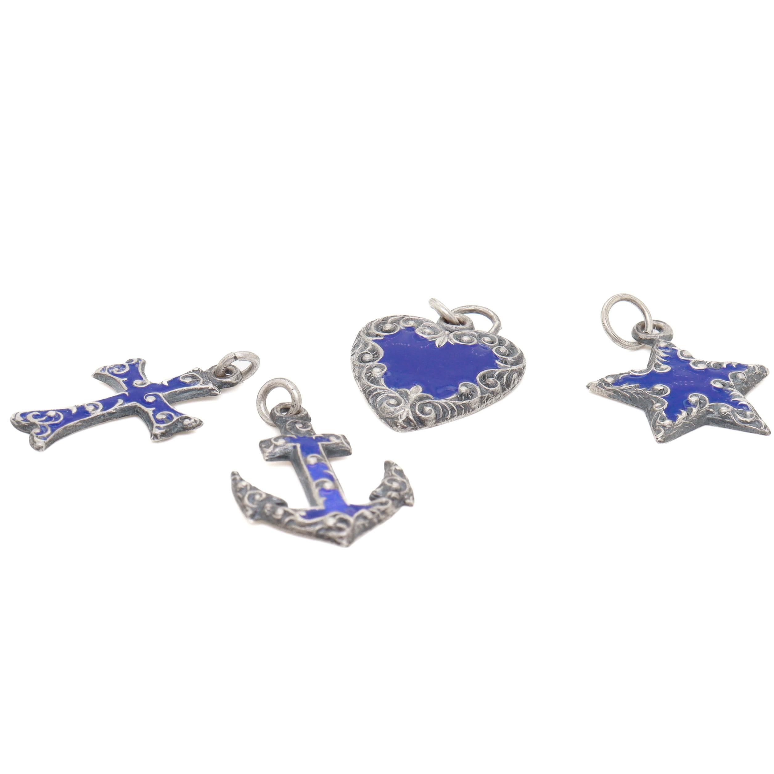 Donna Set di 4 ciondoli / charms in argento e smalto blu di epoca edoardiana in vendita