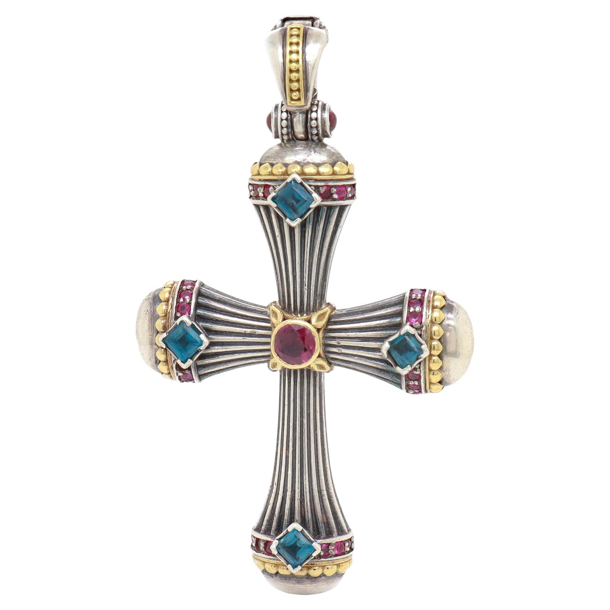 Konstantino Delos Pendentif croix en argent sterling et 18 carats avec plusieurs pierres précieuses