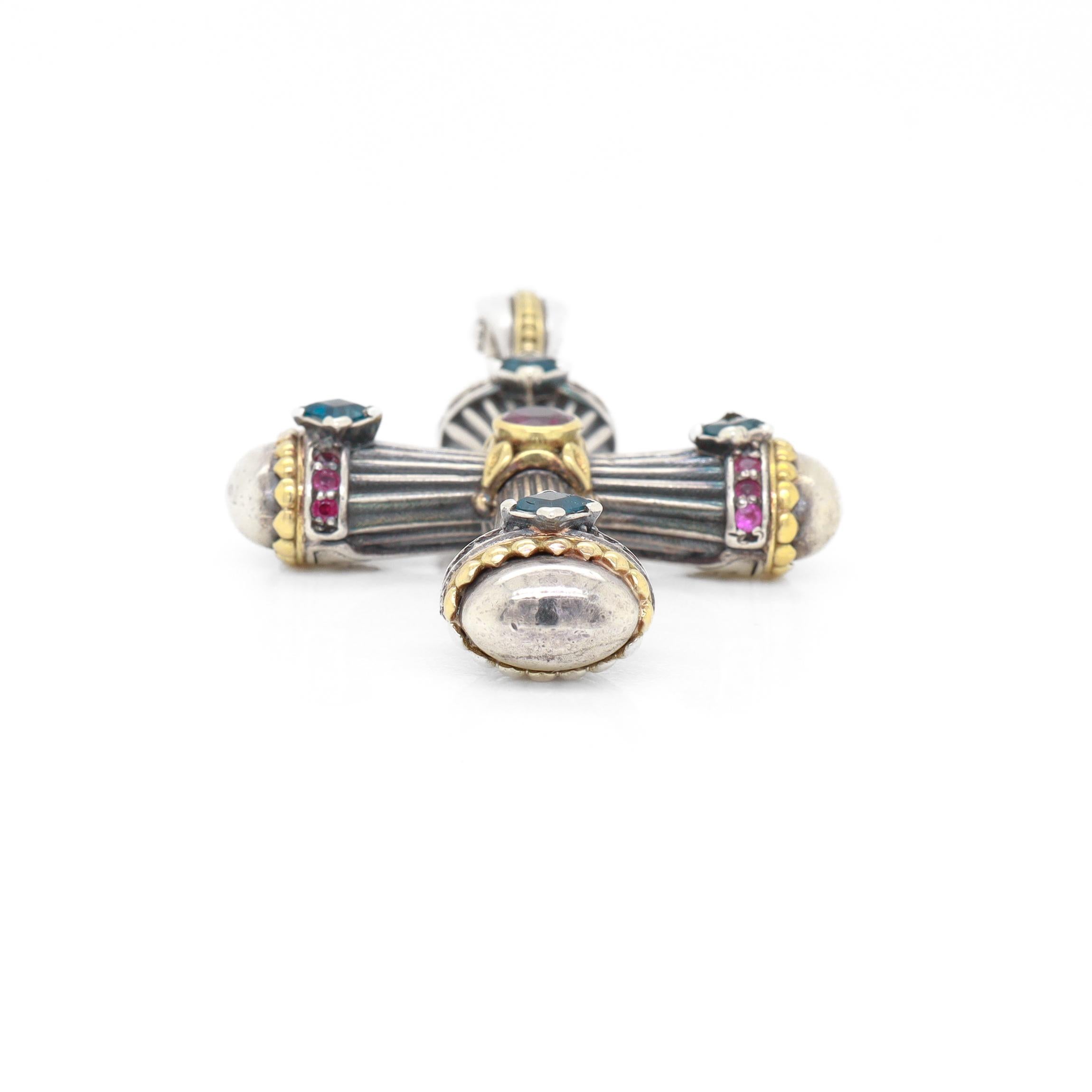 Konstantino Delos Pendentif croix en argent sterling et 18 carats avec plusieurs pierres précieuses en vente 5