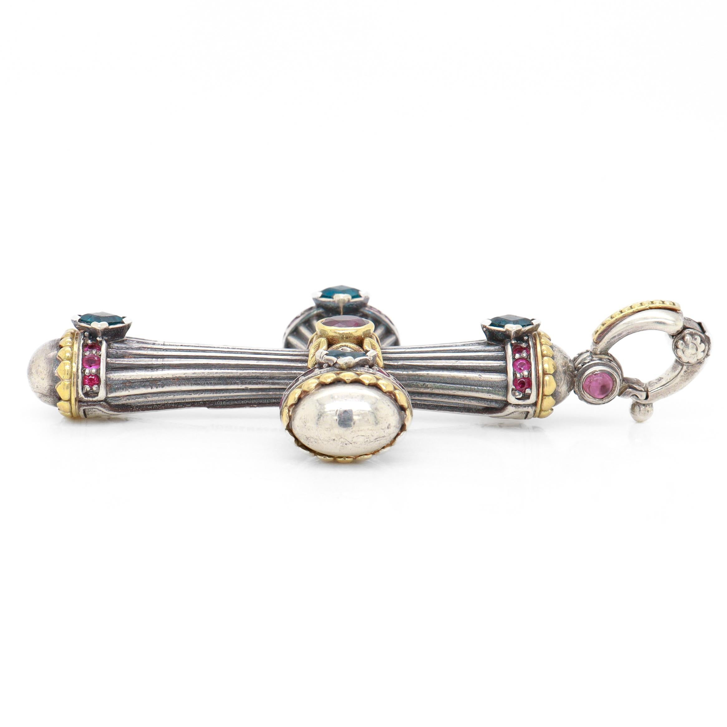 Konstantino Delos Pendentif croix en argent sterling et 18 carats avec plusieurs pierres précieuses en vente 2