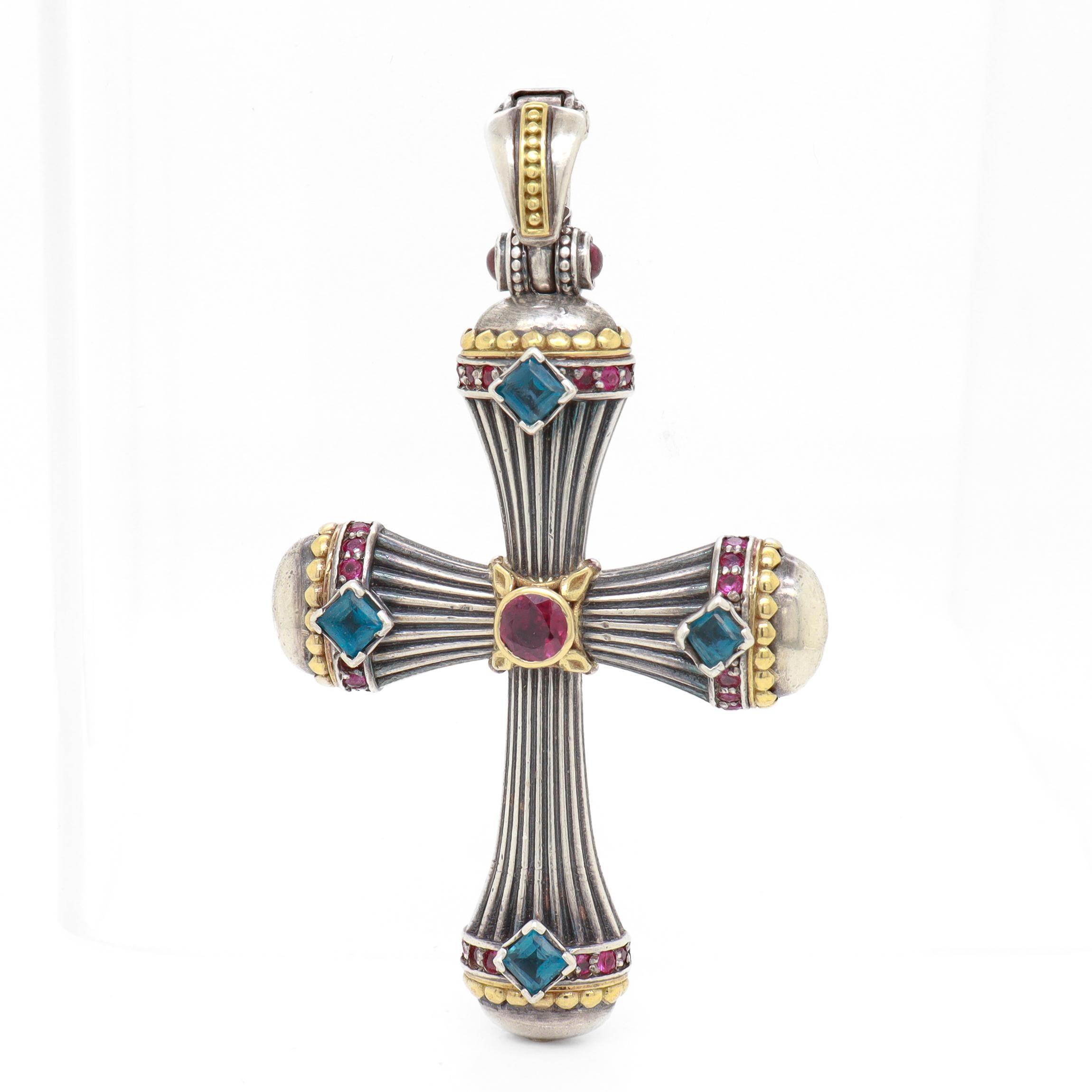 Konstantino Delos Pendentif croix en argent sterling et 18 carats avec plusieurs pierres précieuses Bon état - En vente à Philadelphia, PA