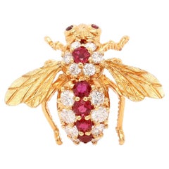 Vintage 18K Gold, Ruby, & Diamond Herbert Rosenthal Style Bee Brooch / Pin