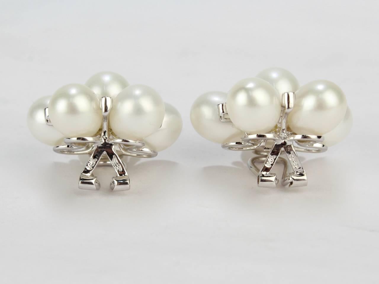 14 Karat White Gold, Diamond and Pearl Cluster Floriform Clip Earrings 3