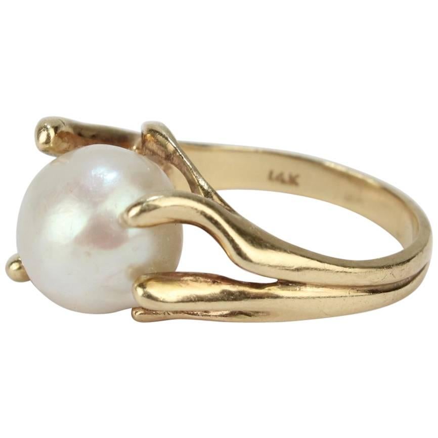 Modernist Gold and Baroque Pearl Cocktail Ring For Sale