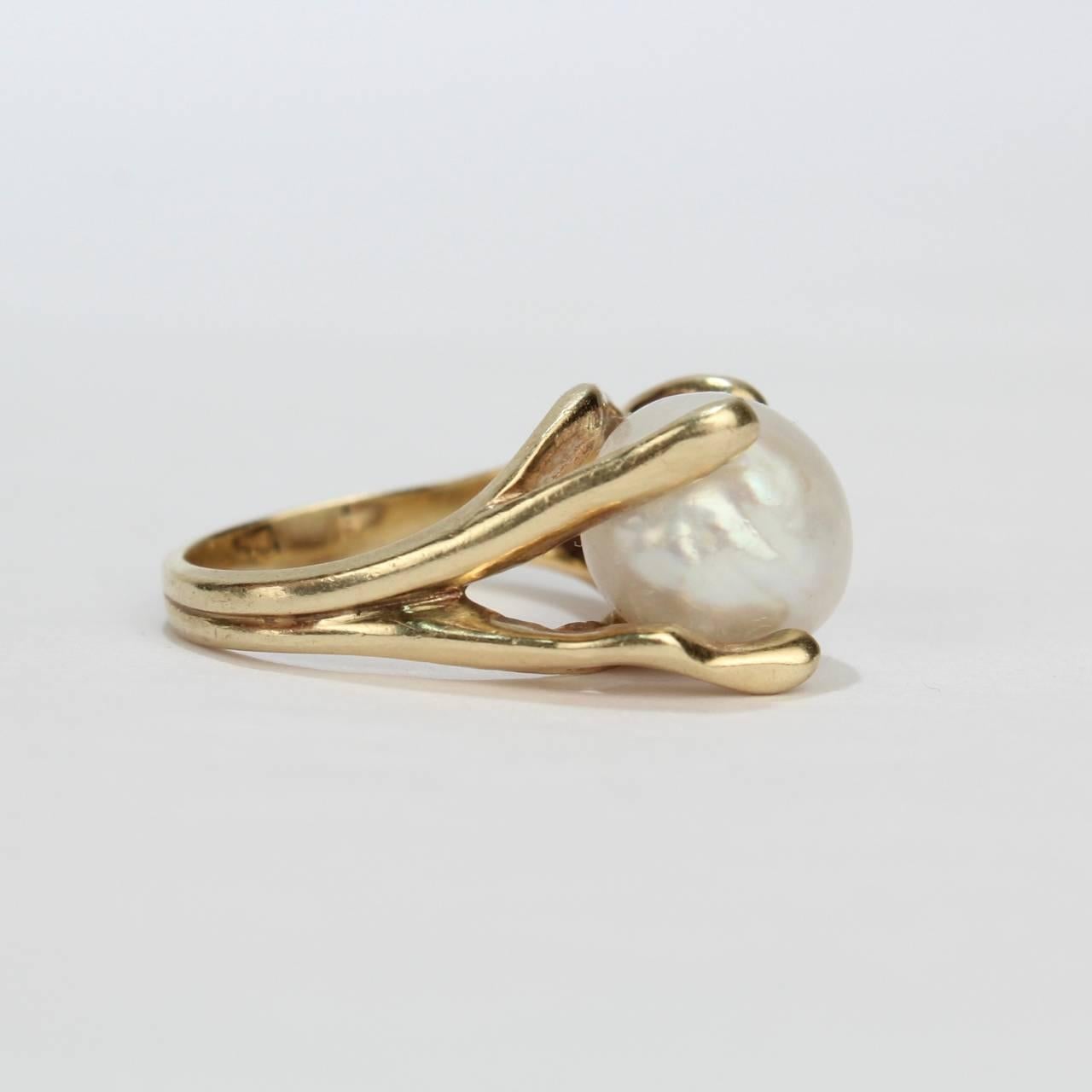 Uncut Modernist Gold and Baroque Pearl Cocktail Ring For Sale