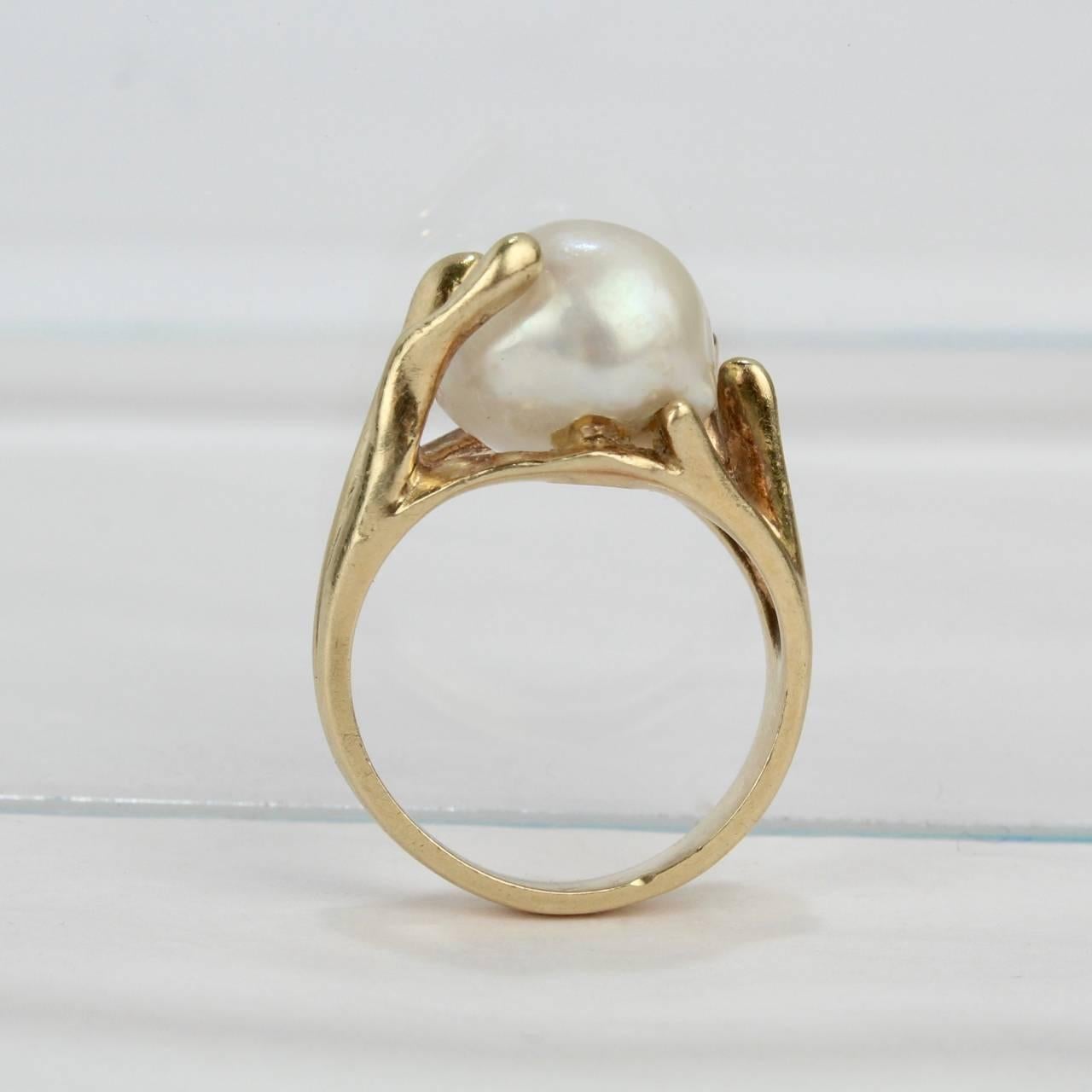 Modernist Gold and Baroque Pearl Cocktail Ring In Good Condition For Sale In Philadelphia, PA
