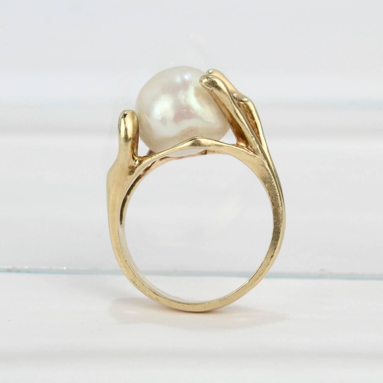 Women's Modernist Gold and Baroque Pearl Cocktail Ring For Sale