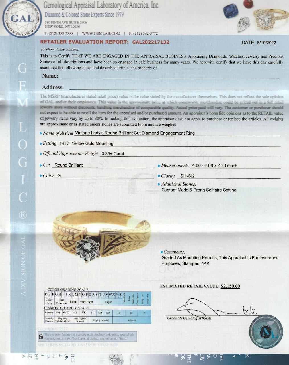 Signed Engraved Modernist 14 Karat Gold & Diamond Solitaire Engagement Ring For Sale 4