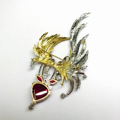 Matsuzaki Rubellite Pink Tourmaline Ruby Diamond Feather Platinum Gold Brooch