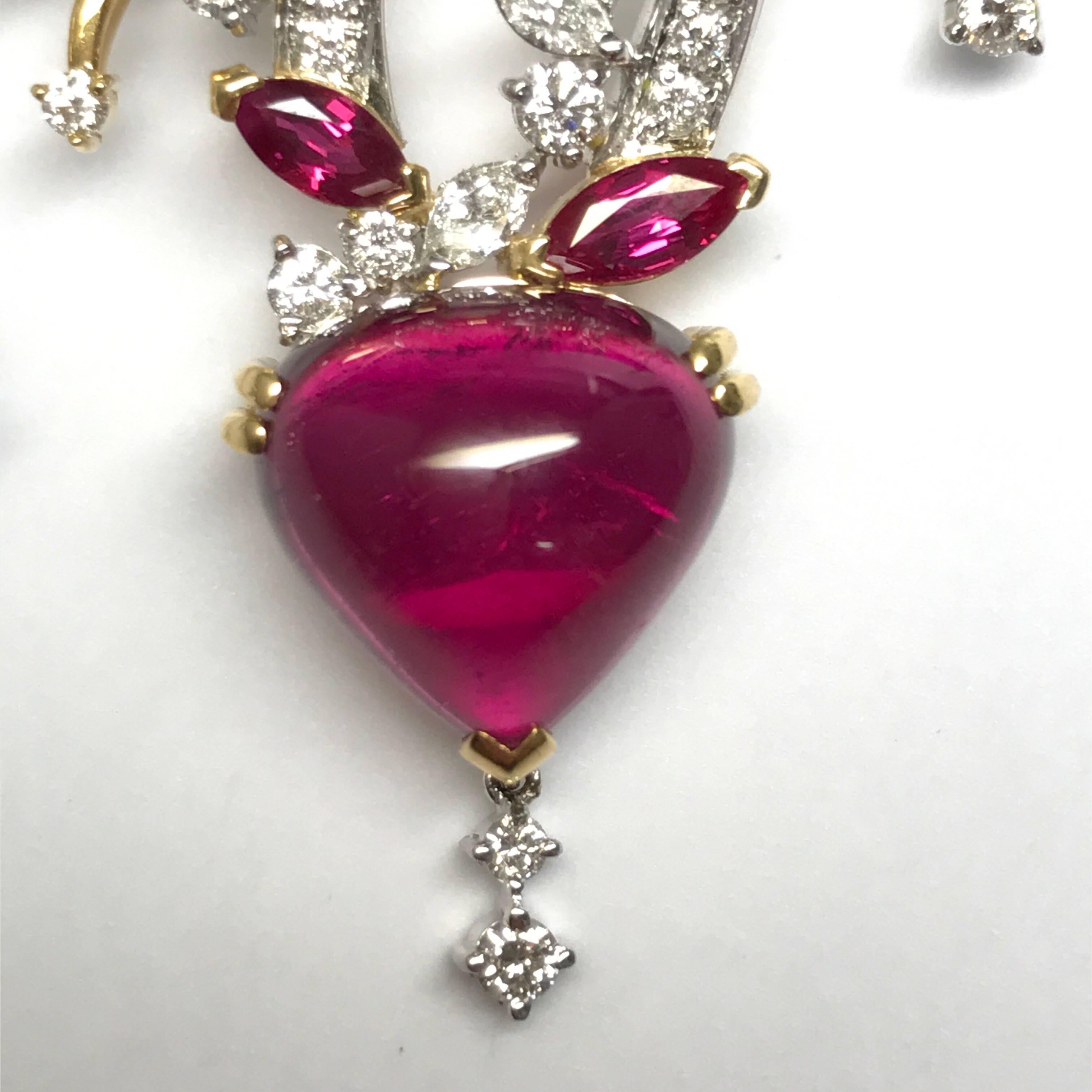 Cabochon Matsuzaki Rubellite Pink Tourmaline Ruby Diamond Feather Platinum Gold Brooch For Sale