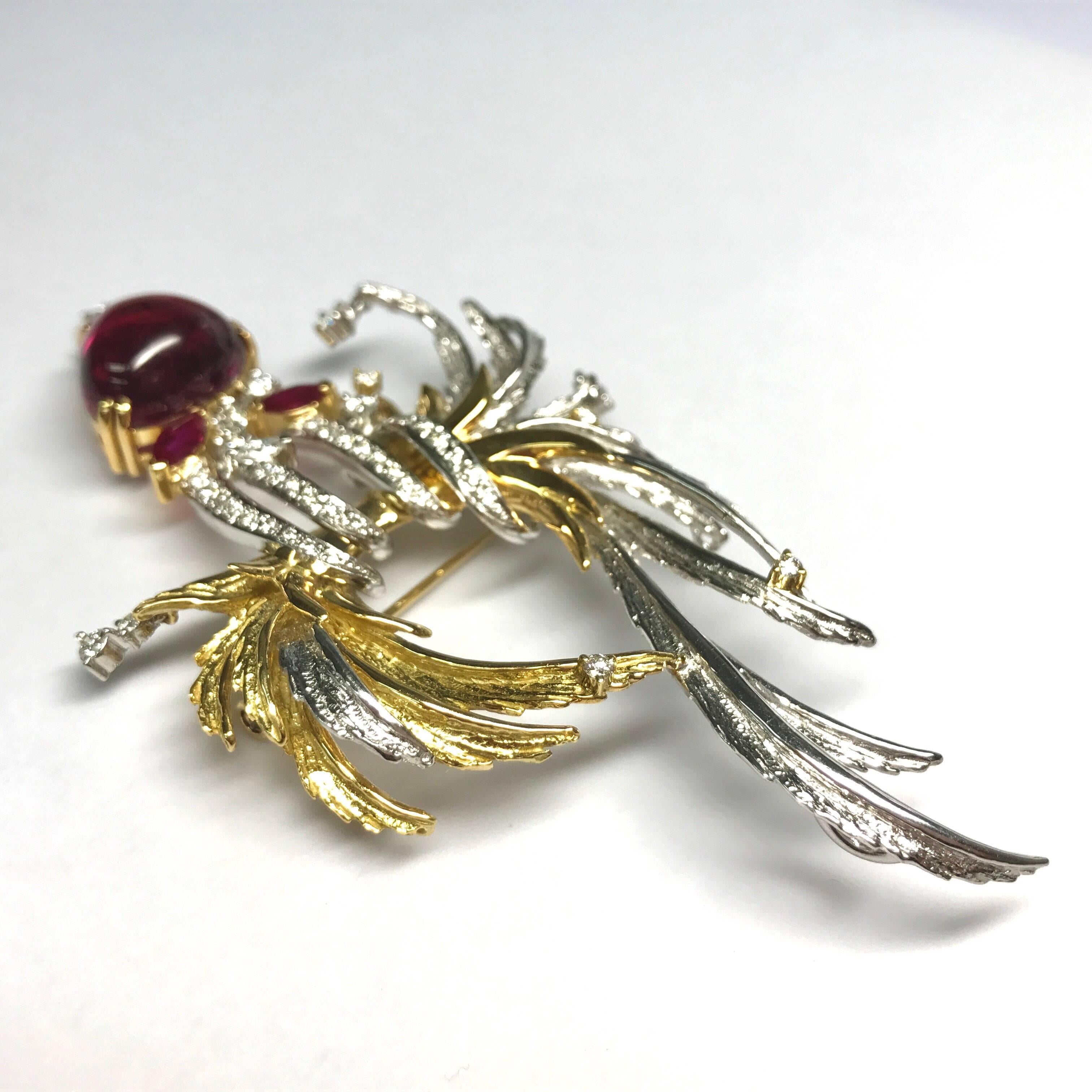 Matsuzaki Rubellite Pink Tourmaline Ruby Diamond Feather Platinum Gold Brooch In New Condition For Sale In Tokyo, JP