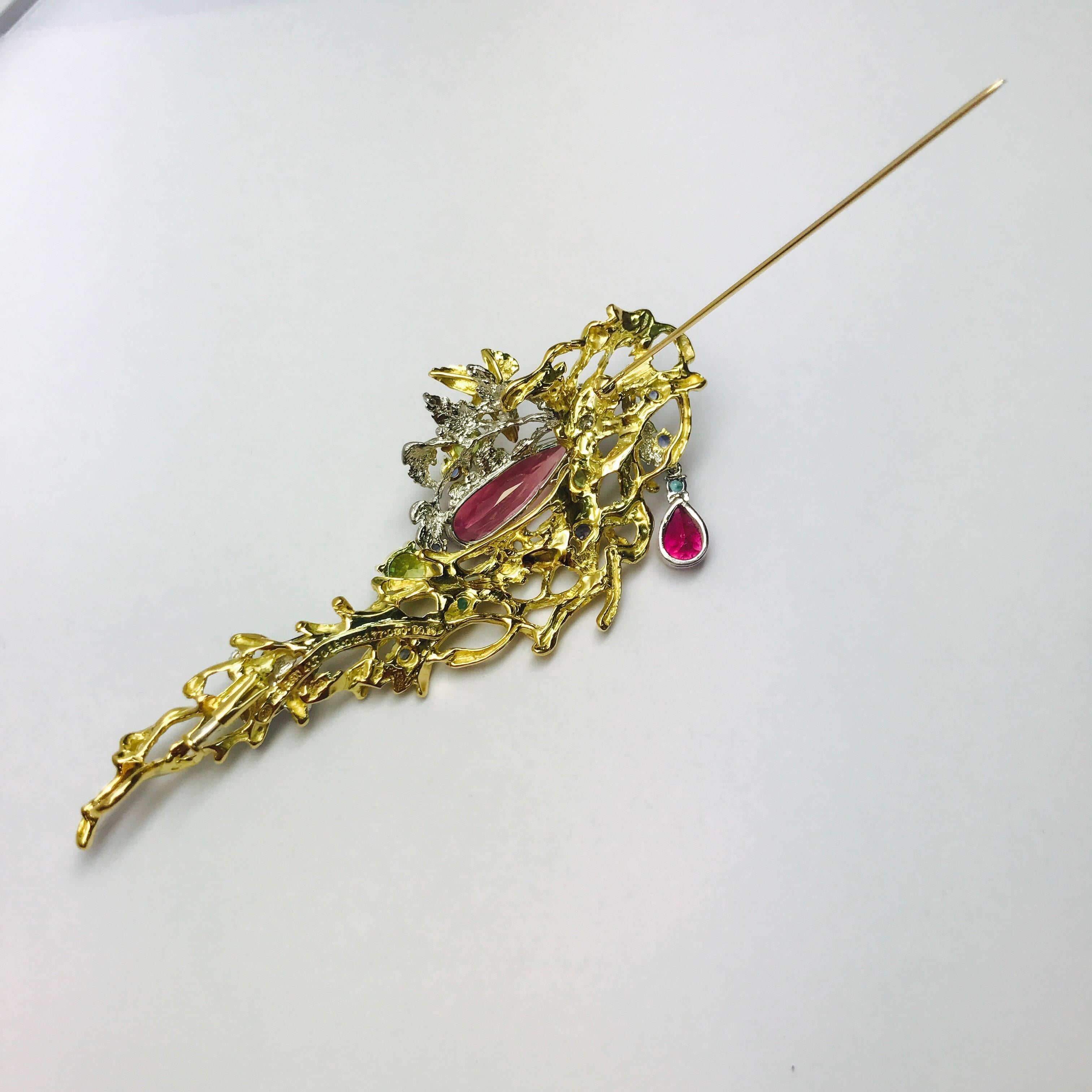 Women's Matsuzaki K18 Pt900 Pink Tourmaline Rubellite Sphene Paraiba Sapphire Brooch For Sale