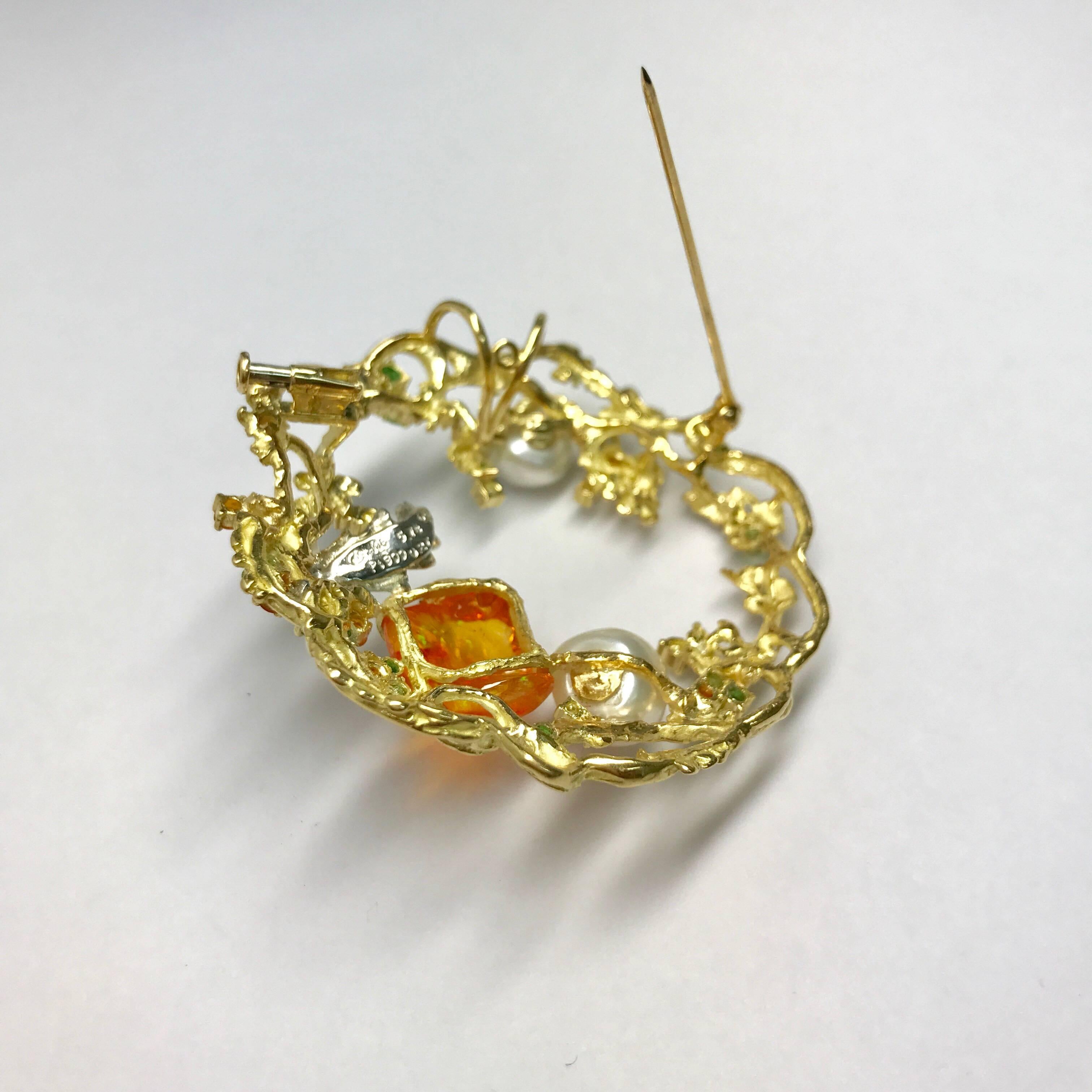 Artist Matsuzaki K18 Fire Opal South Sea Pearl Green Garnet Diamond Botanical Brooch For Sale