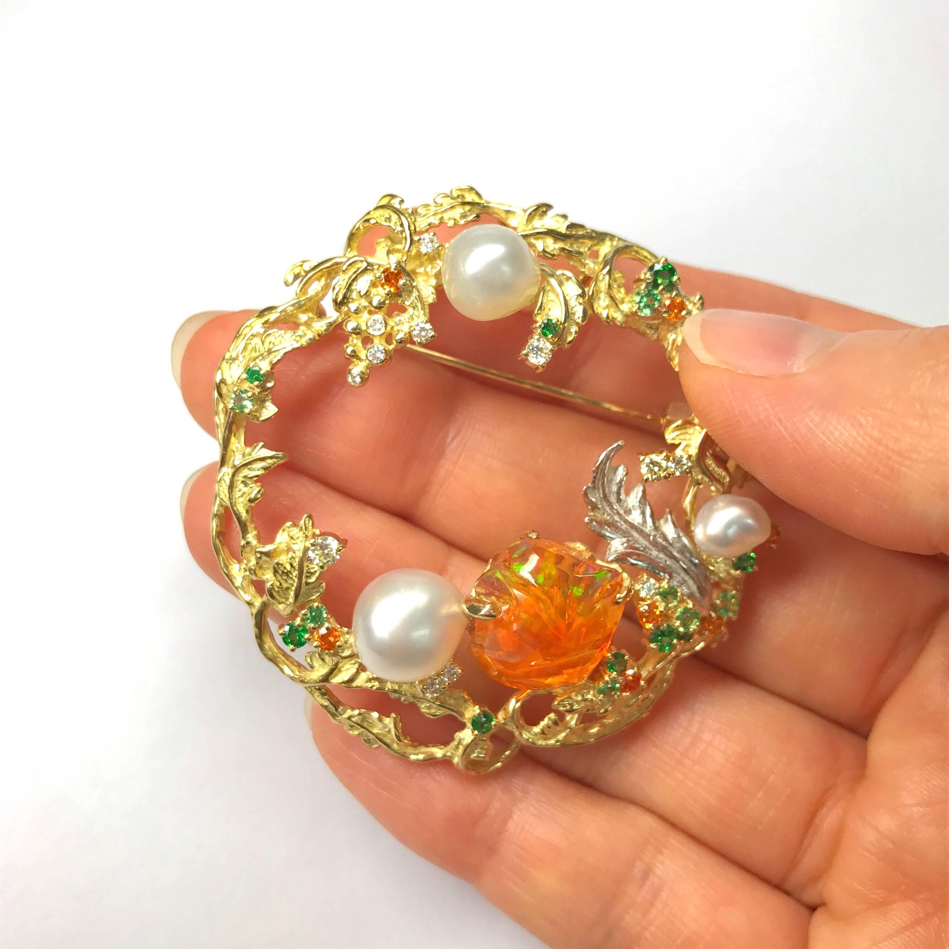 Matsuzaki K18 Fire Opal South Sea Pearl Green Garnet Diamond Botanical Brooch For Sale 1