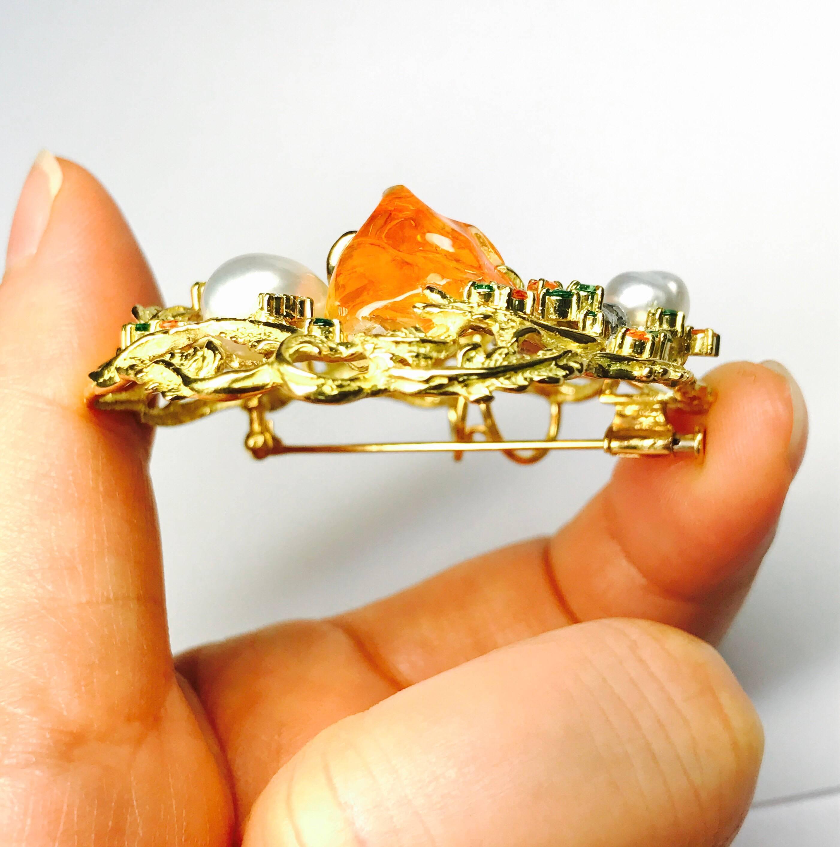 Matsuzaki K18 Fire Opal South Sea Pearl Green Garnet Diamond Botanical Brooch For Sale 3