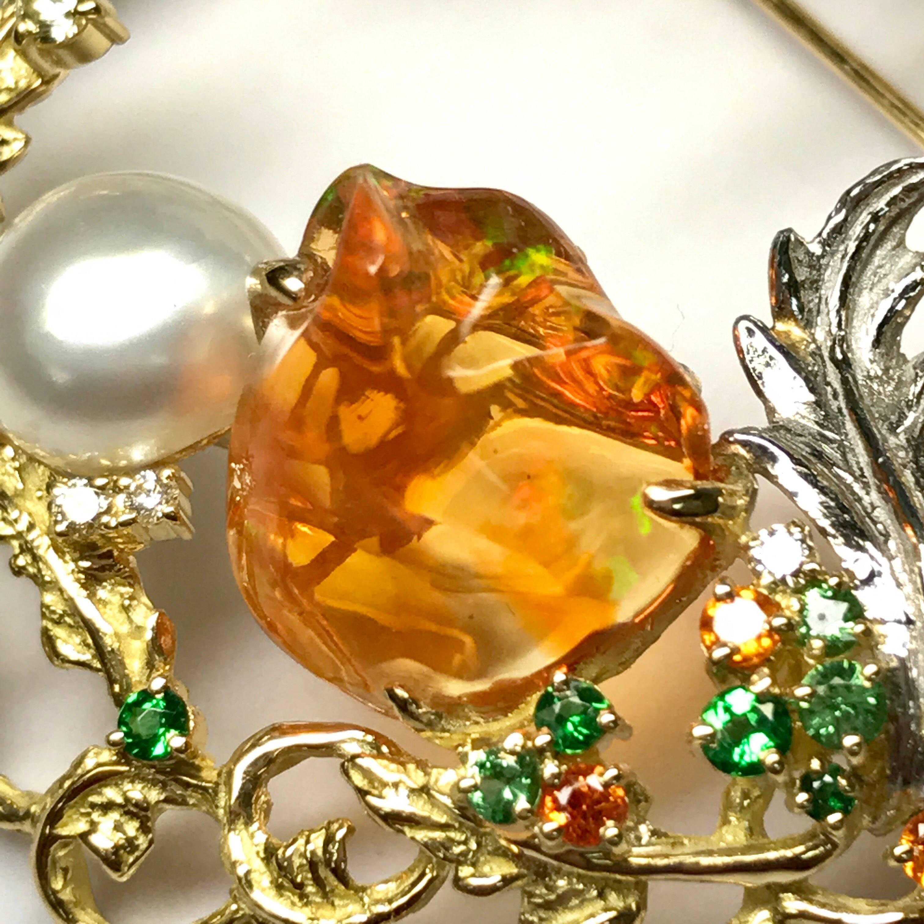 Women's Matsuzaki K18 Fire Opal South Sea Pearl Green Garnet Diamond Botanical Brooch For Sale