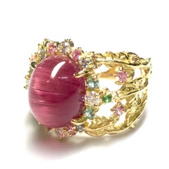 Matsuzaki K18 Cabochon Pink Tourmaline Cat's Eye Sapphire Garnet Diamond Ring