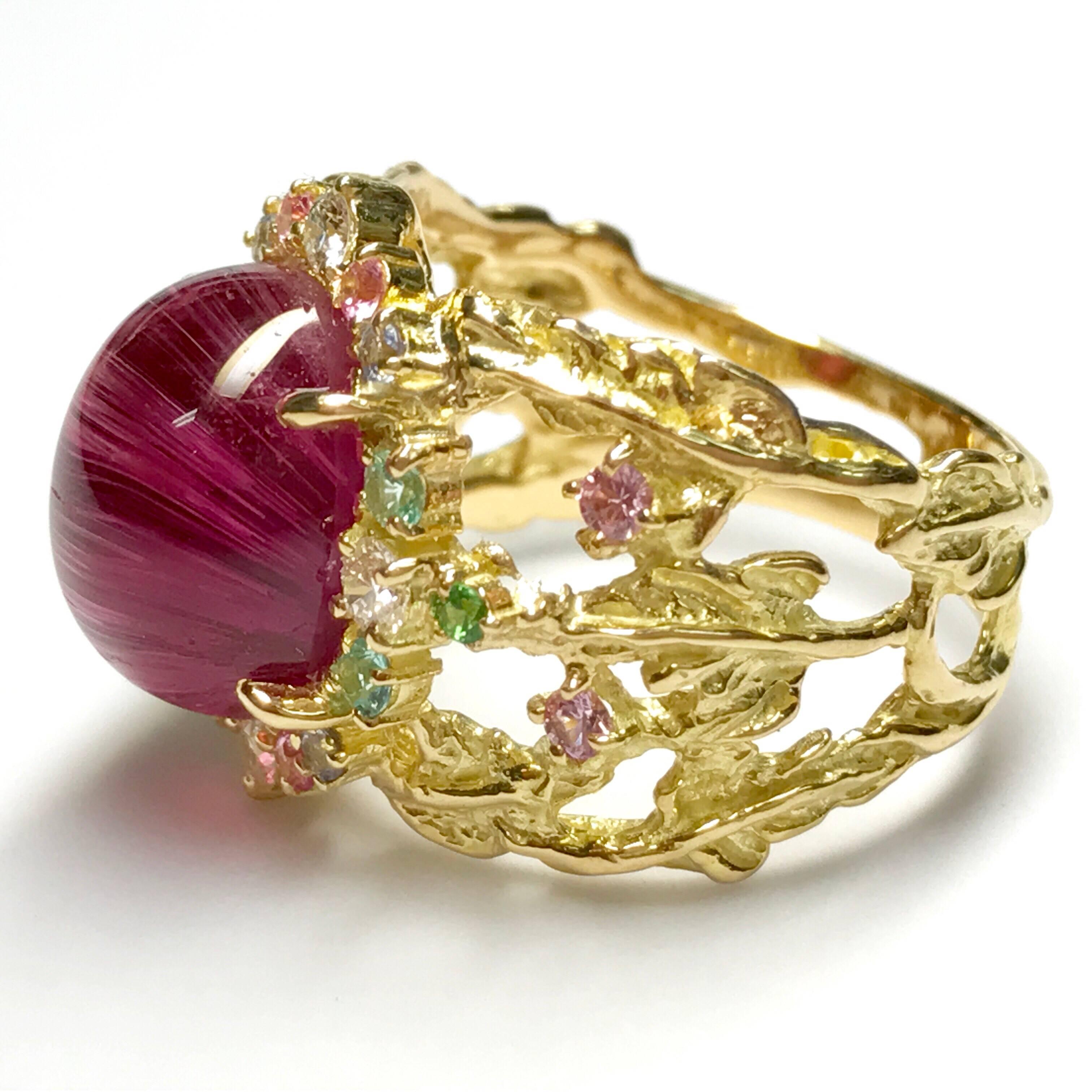 Artist Matsuzaki K18 Cabochon Pink Tourmaline Cat's Eye Sapphire Garnet Diamond Ring For Sale