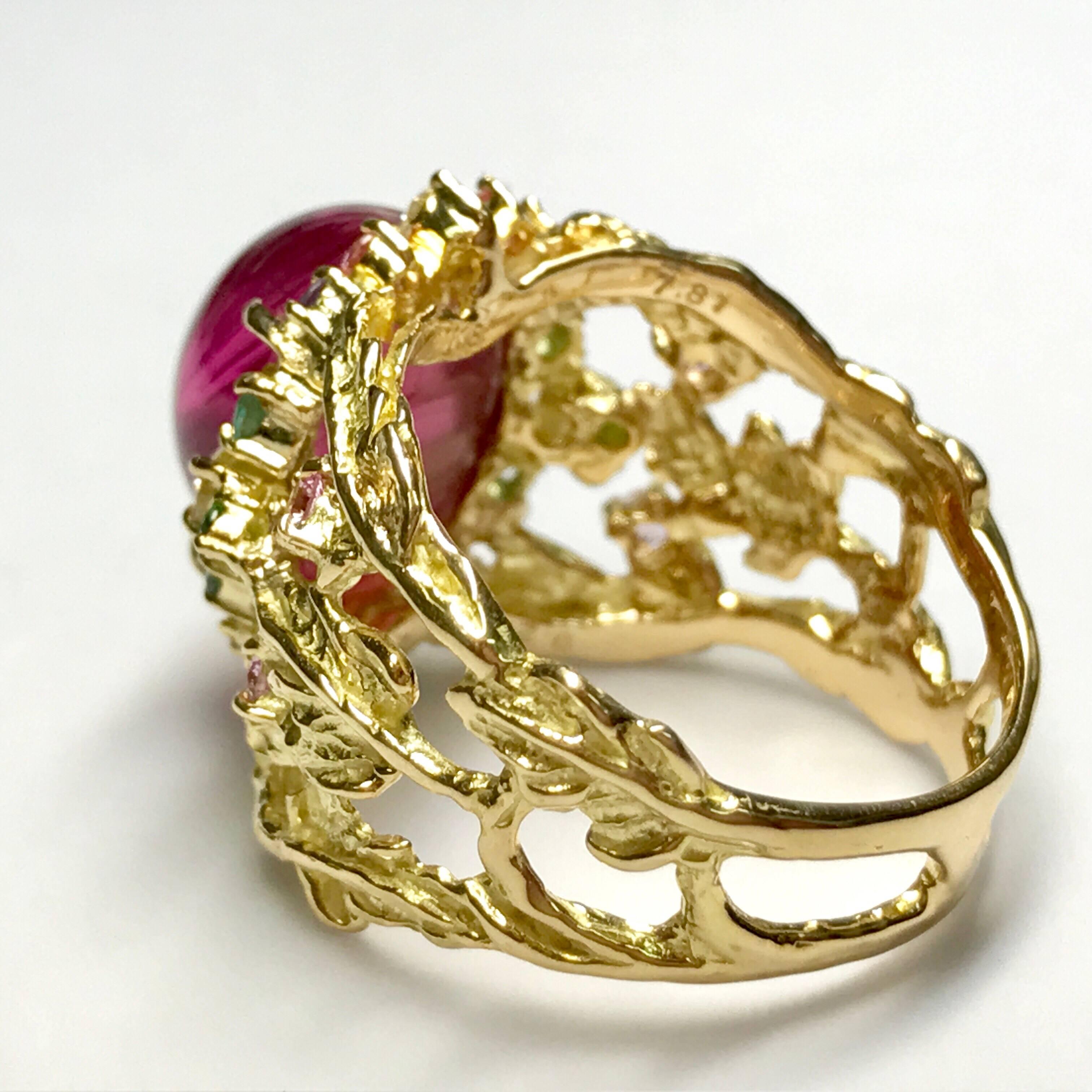 Matsuzaki K18 Cabochon Pink Tourmaline Cat's Eye Sapphire Garnet Diamond Ring In New Condition For Sale In Tokyo, JP