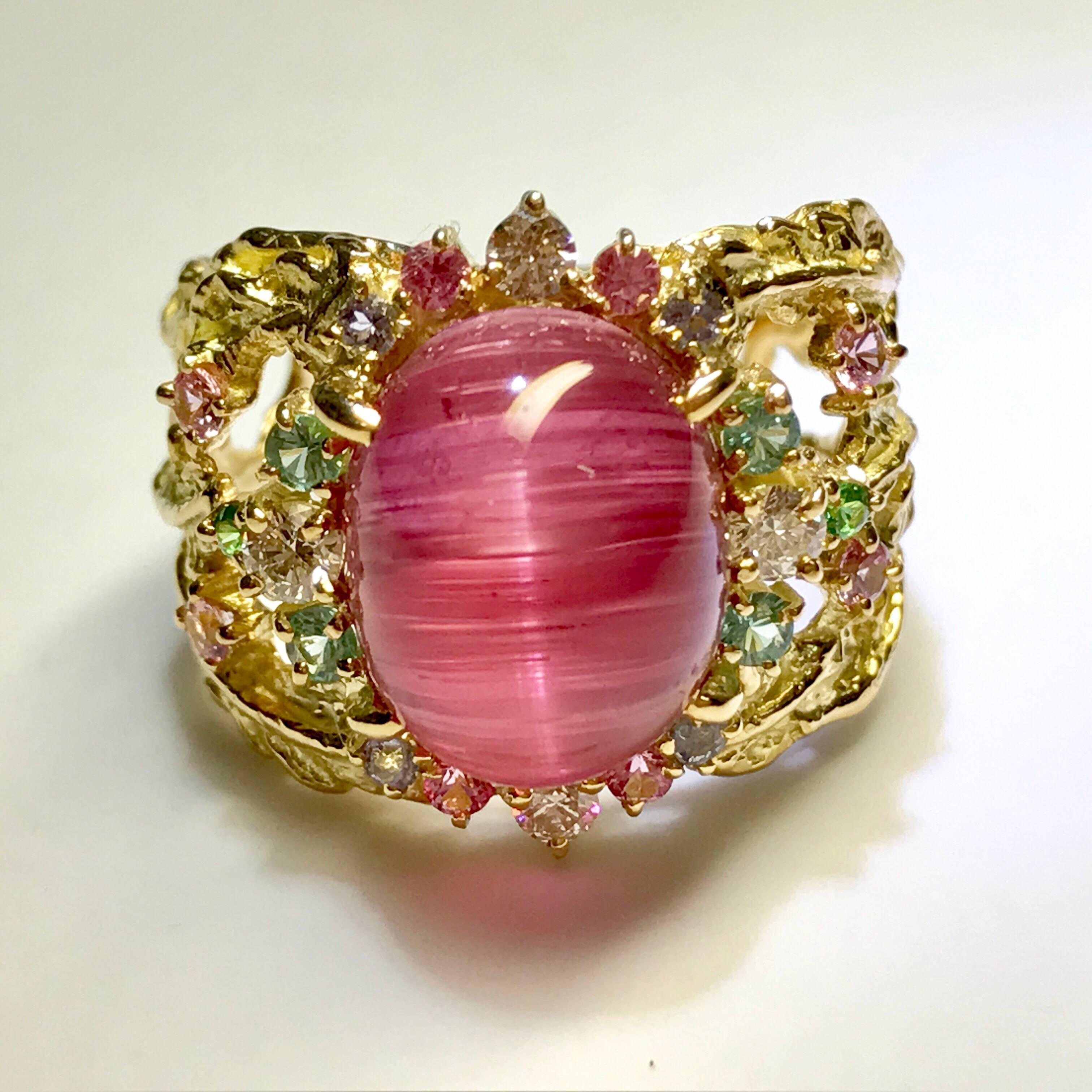 Women's Matsuzaki K18 Cabochon Pink Tourmaline Cat's Eye Sapphire Garnet Diamond Ring For Sale