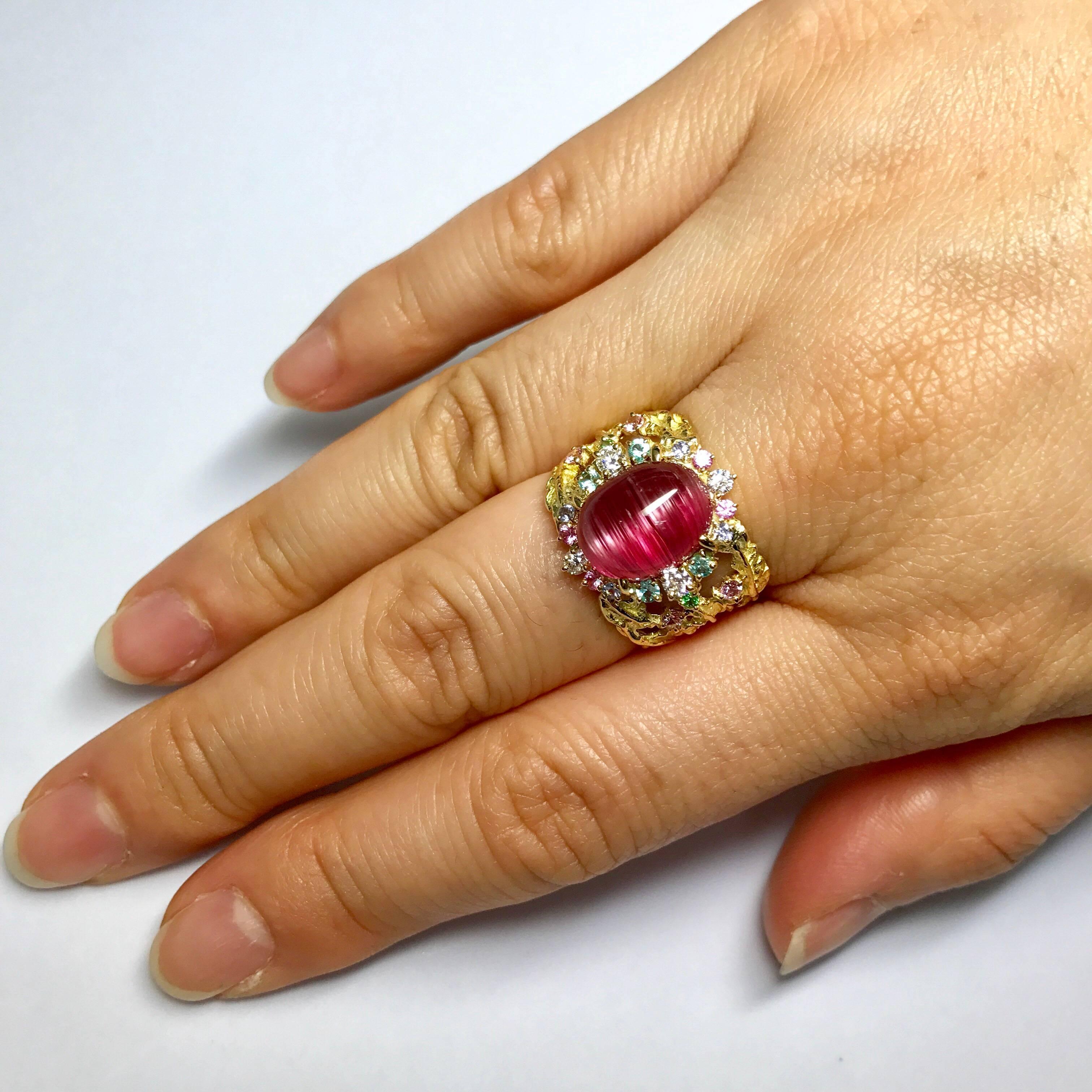 Matsuzaki K18 Cabochon Pink Tourmaline Cat's Eye Sapphire Garnet Diamond Ring For Sale 2