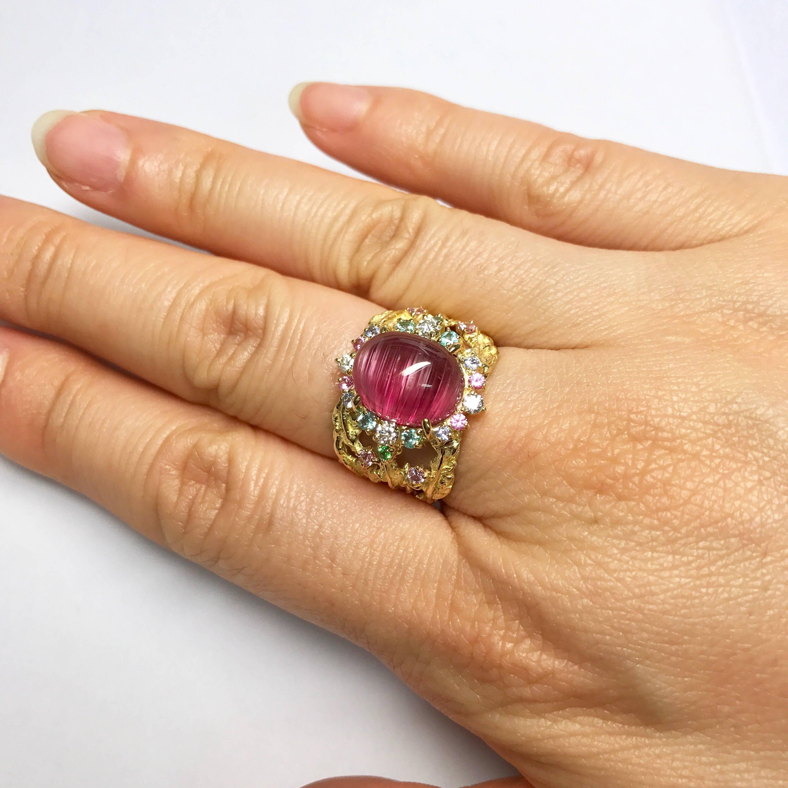 Matsuzaki K18 Cabochon Pink Tourmaline Cat's Eye Sapphire Garnet Diamond Ring For Sale 3