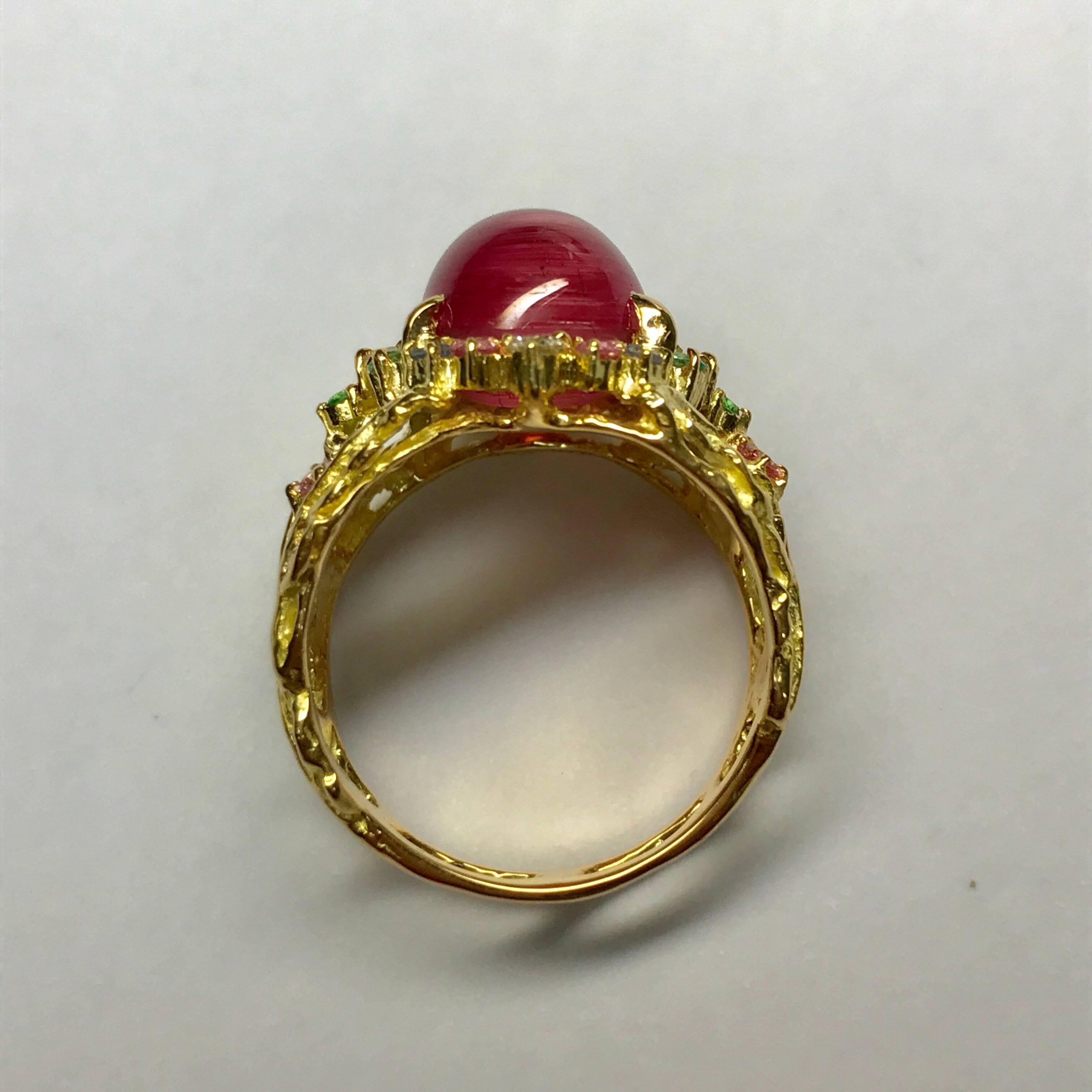 Matsuzaki K18 Cabochon Pink Tourmaline Cat's Eye Sapphire Garnet Diamond Ring For Sale 5