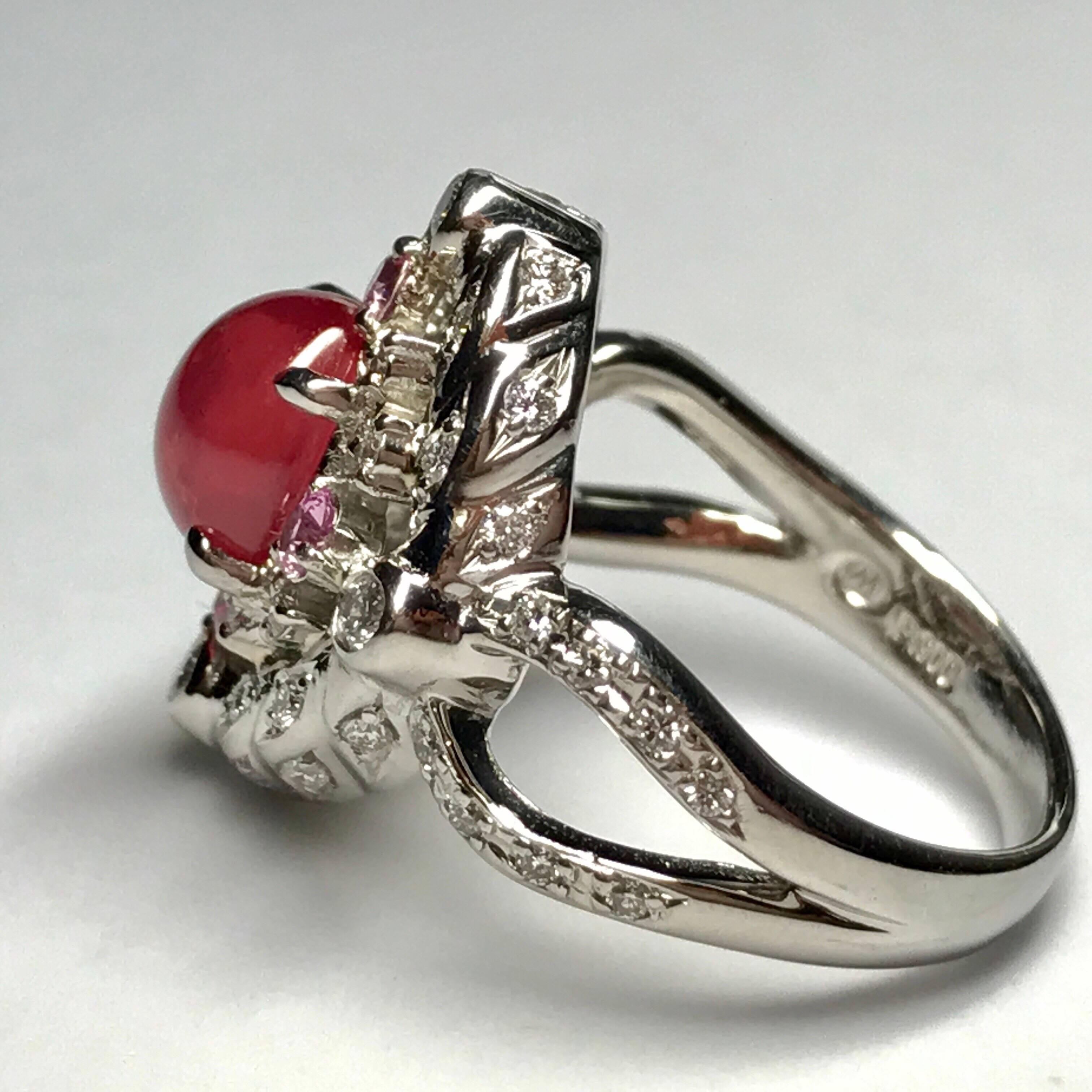 Artist Matsuzaki PT900 Cabochon Pink Spinel Pink Sapphire Diamond Ring For Sale