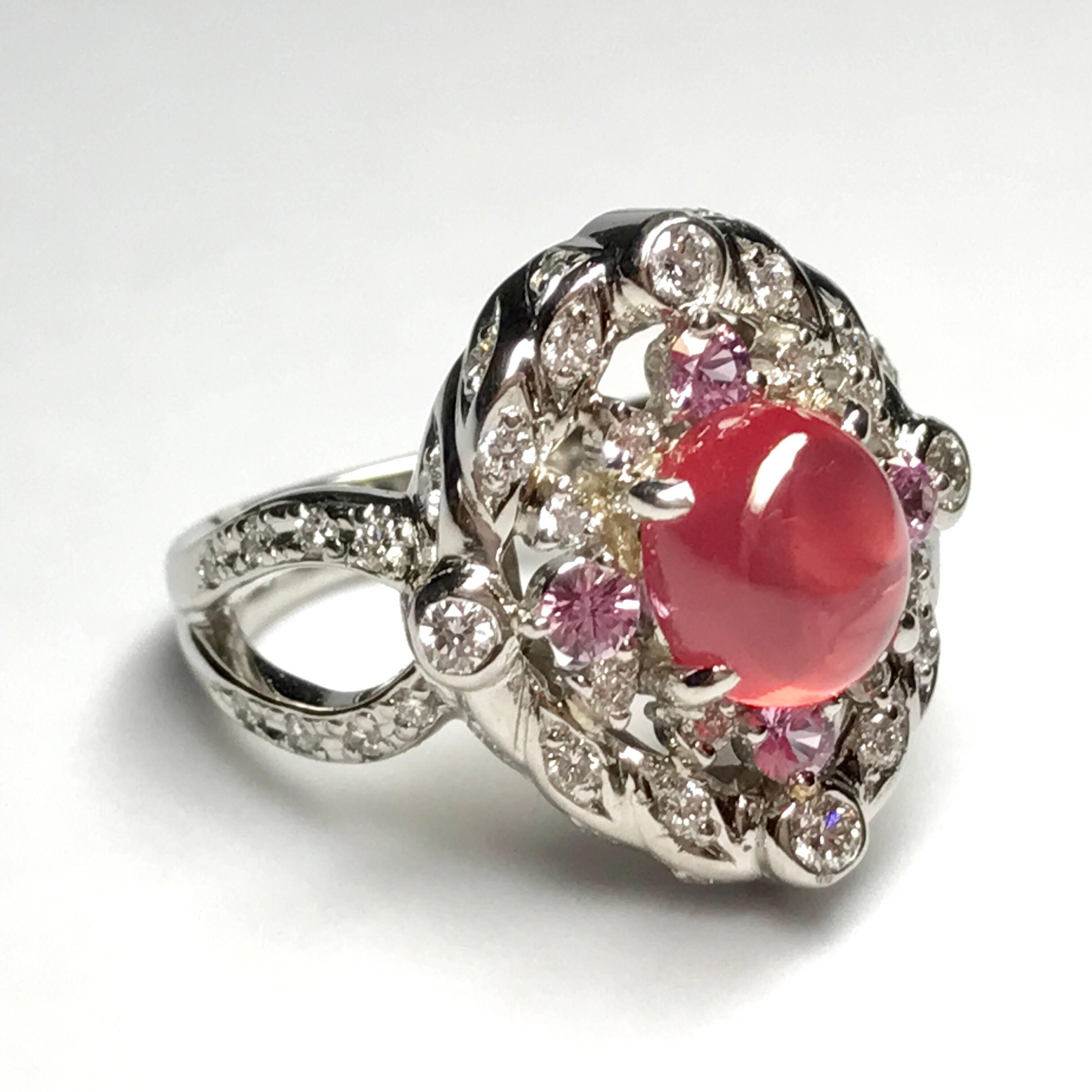 Matsuzaki PT900 Cabochon Pink Spinel Pink Sapphire Diamond Ring For Sale 1