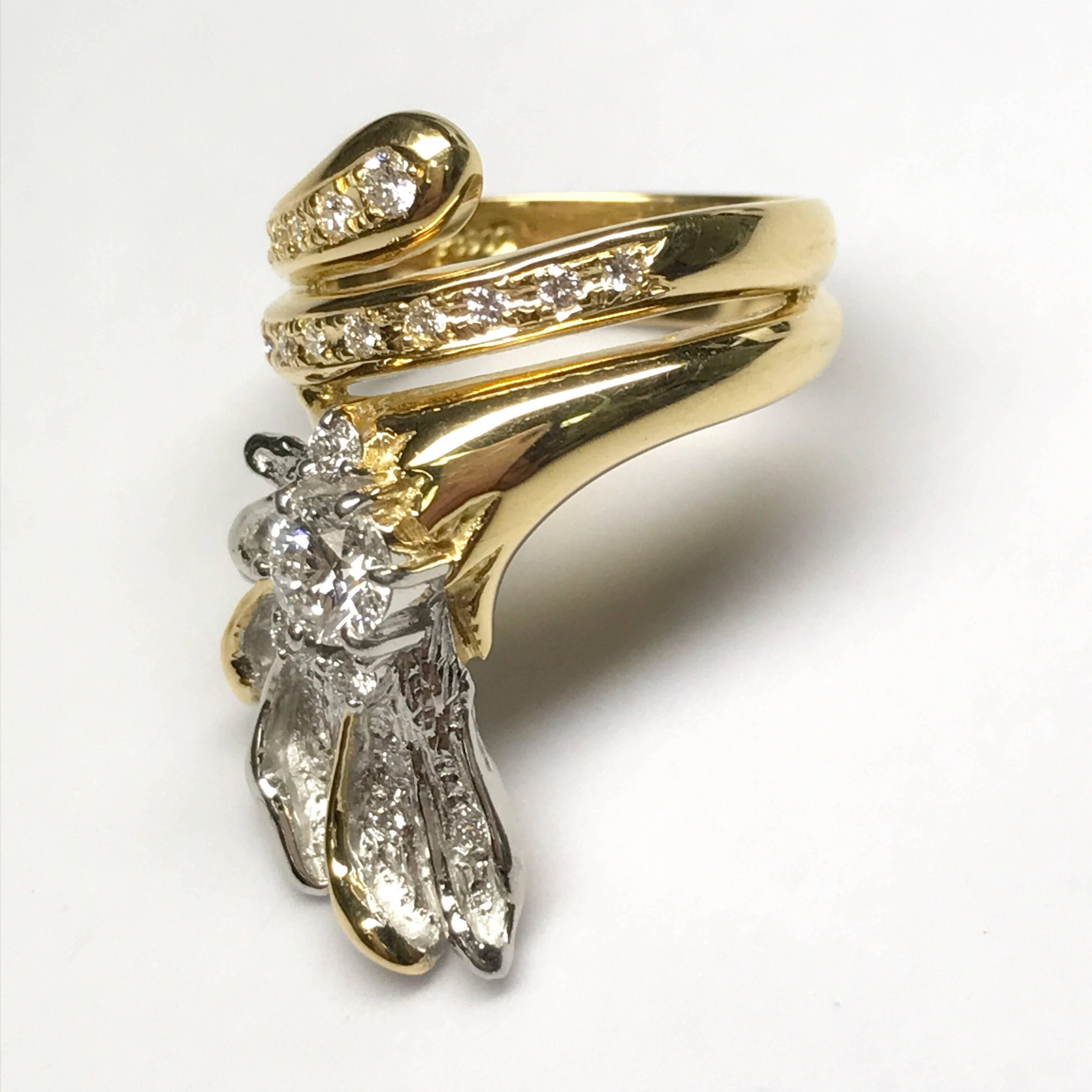 Round Cut Matsuzaki Diamond Platinum Gold Feather Ring For Sale