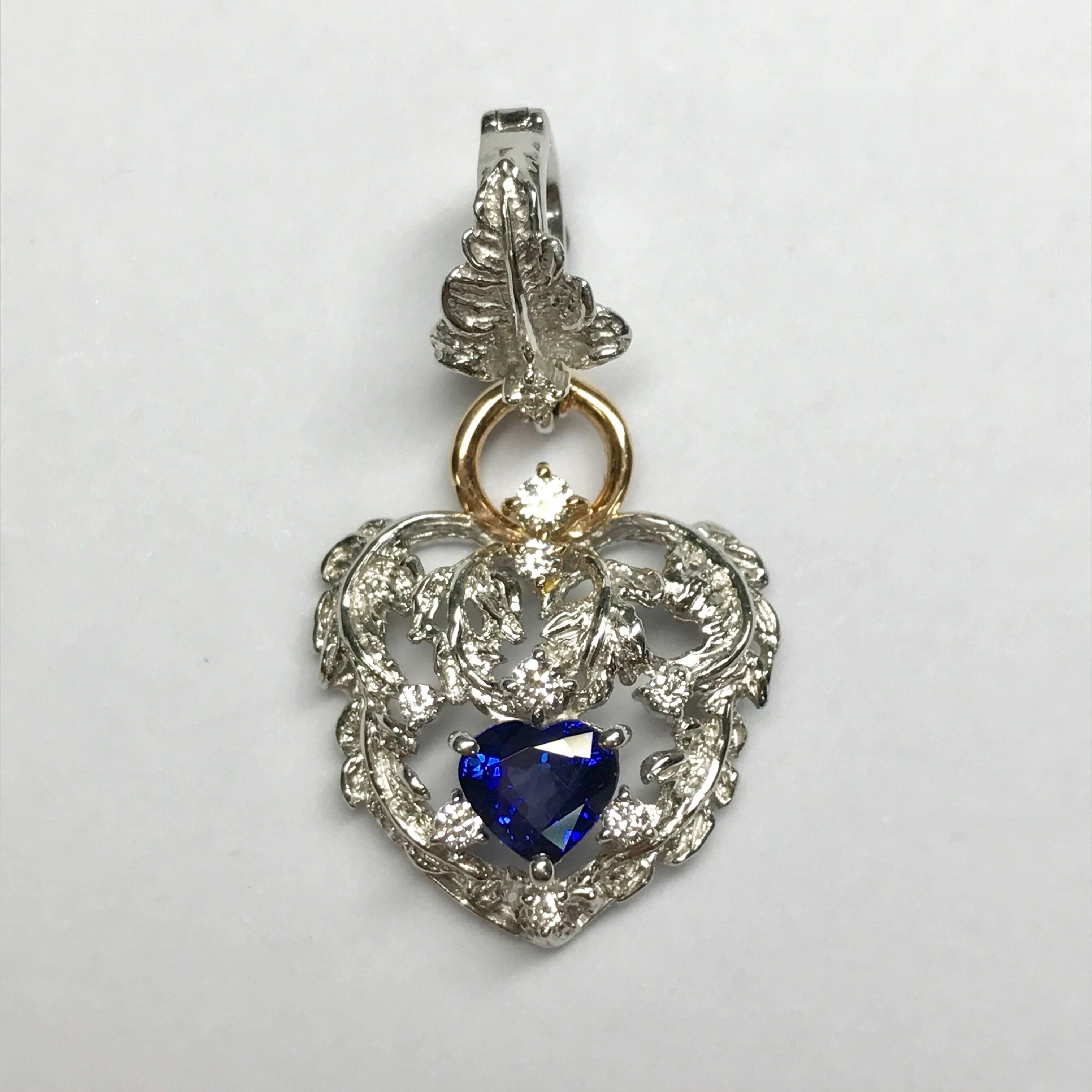 Artist Matsuzaki Pt900 K18WG PG Blue Sapphire Diamond Leaf Motif Pendant Necklace For Sale