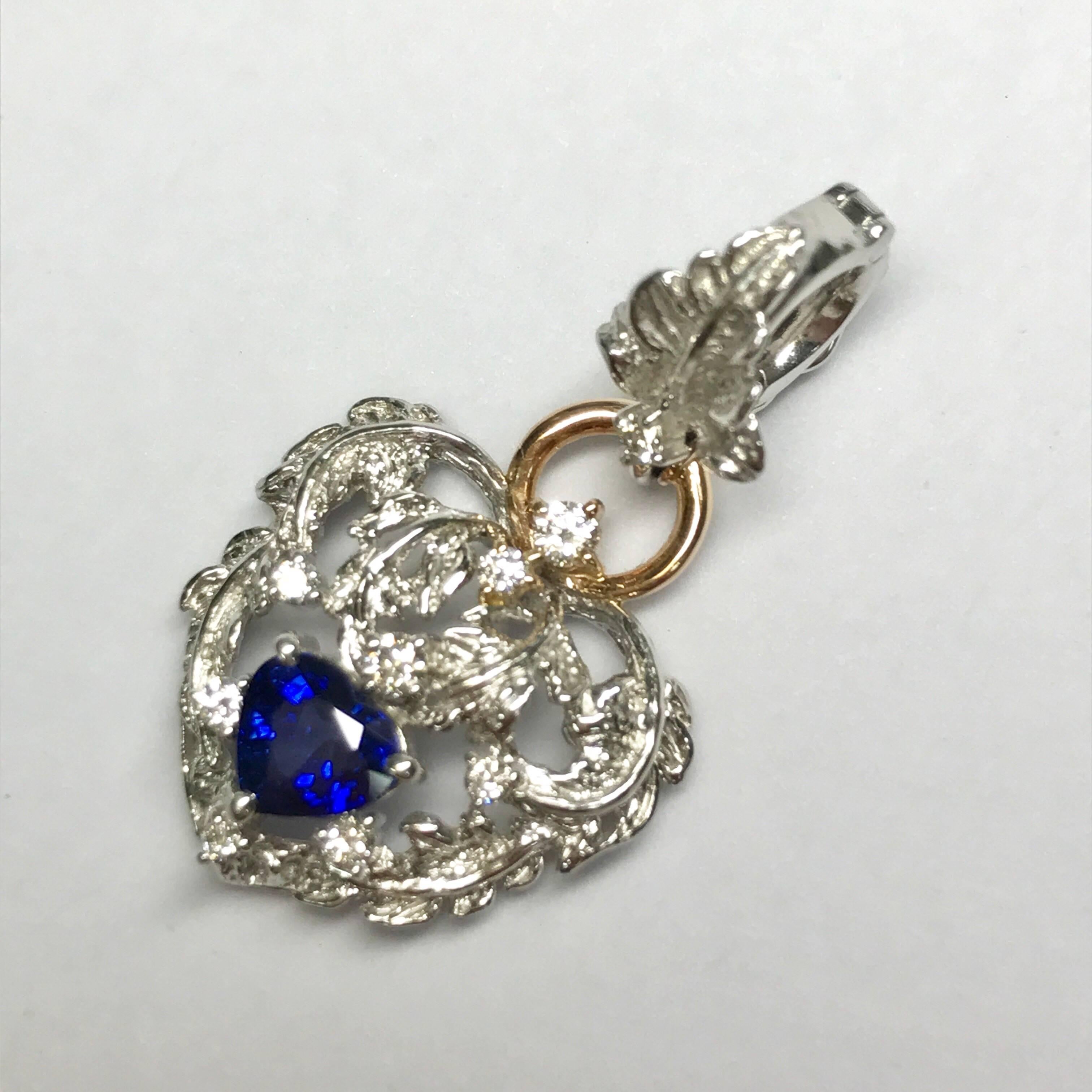 Pear Cut Matsuzaki Pt900 K18WG PG Blue Sapphire Diamond Leaf Motif Pendant Necklace For Sale