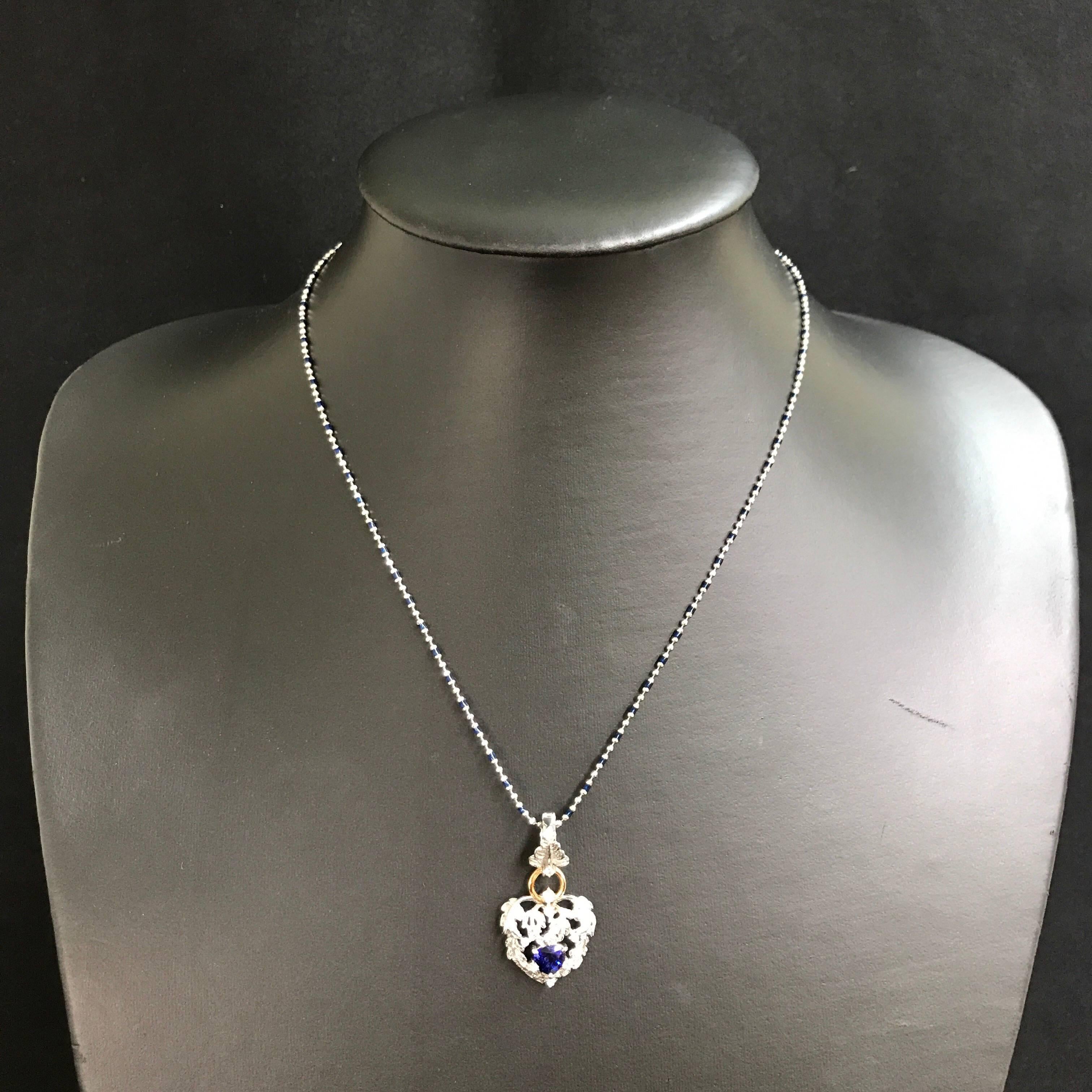 Matsuzaki Pt900 K18WG PG Blue Sapphire Diamond Leaf Motif Pendant Necklace For Sale 3