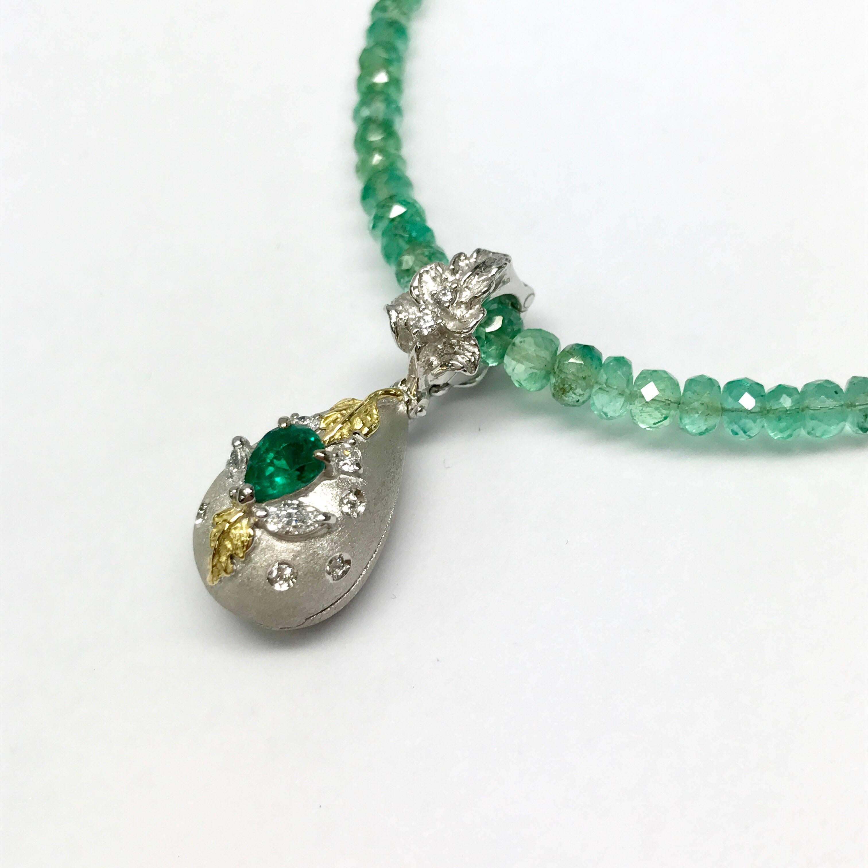 All buyers outside of Japan will receive -10% tax exemption from the list price. 
Please inquire for details.
Emerald : 0.38ct / Diamonds : 0.26ct
Approximate Size of the center stone : L6mm W4.5mm
Beads Necklace : Emeralds 32ct / K14WG (45cm)