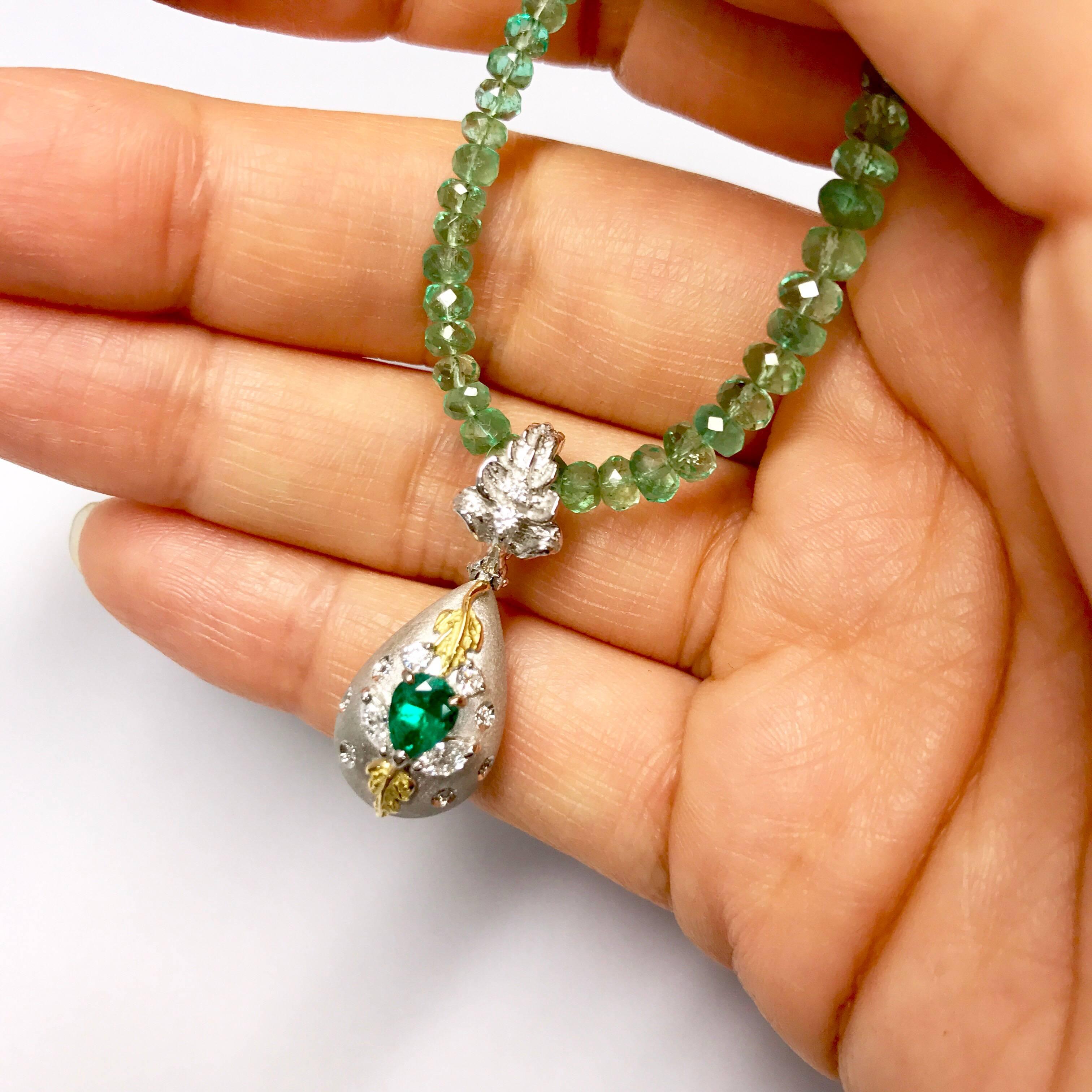 Artist Matsuzaki Pear-shaped Emerald Diamond Locket Pillbox Gold Pendant Beads Necklace For Sale