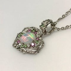 Matsuzaki PT900 K18WG Opal Pink Sapphire Green Garnet Diamond Pendant Necklace