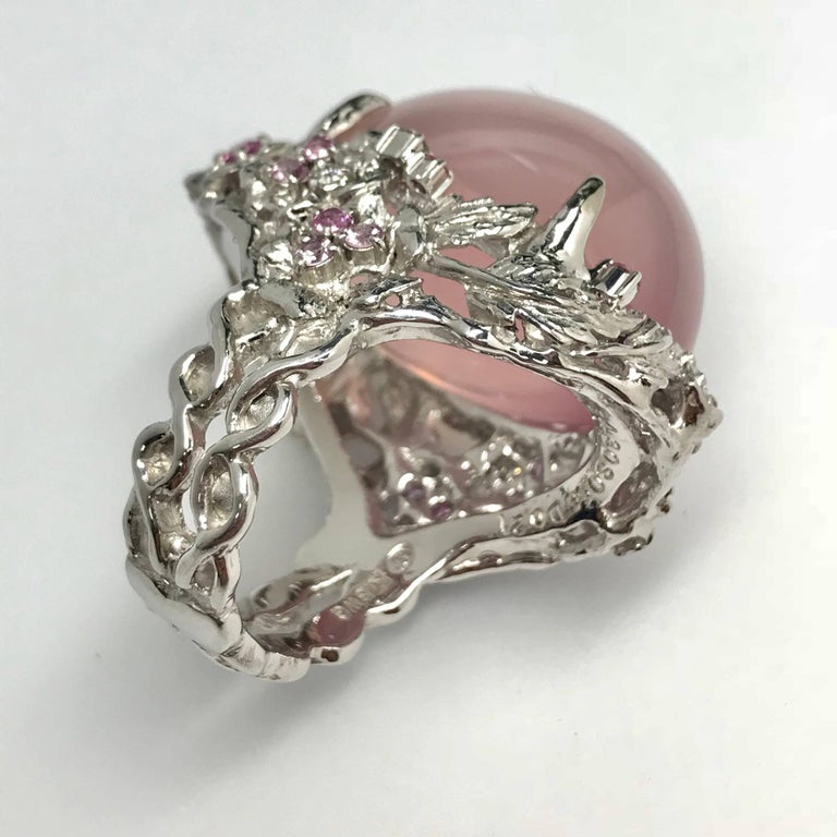 Matsuzaki 54ct Oval Cat's Eye Rose Quartz Sapphire Diamond K18WG Floral